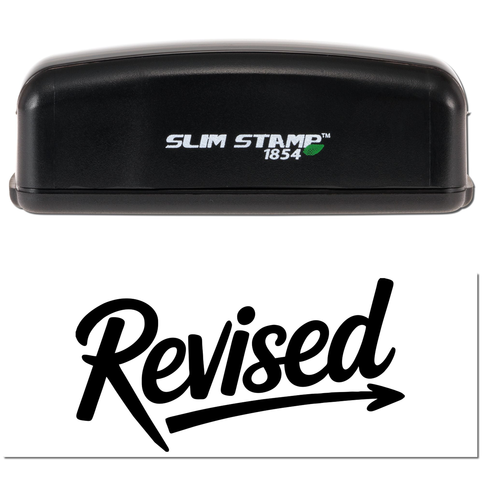 Black Slim Stamp 1854 self-inking stamp and seal with green accent and bold Revised imprint on white background