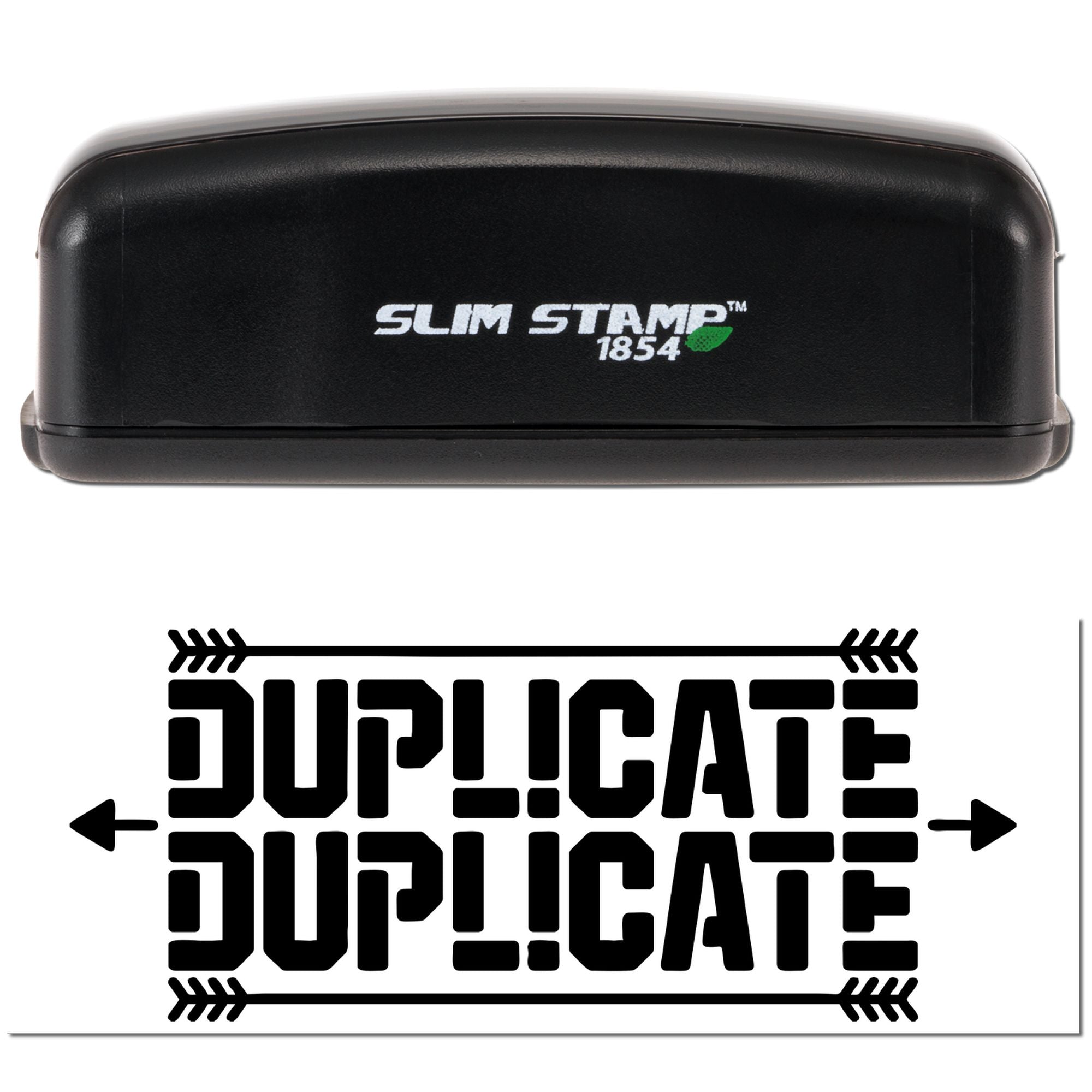 Black Slim Stamp 1854 seal embosser with bold duplicate design and arrows on a white background.