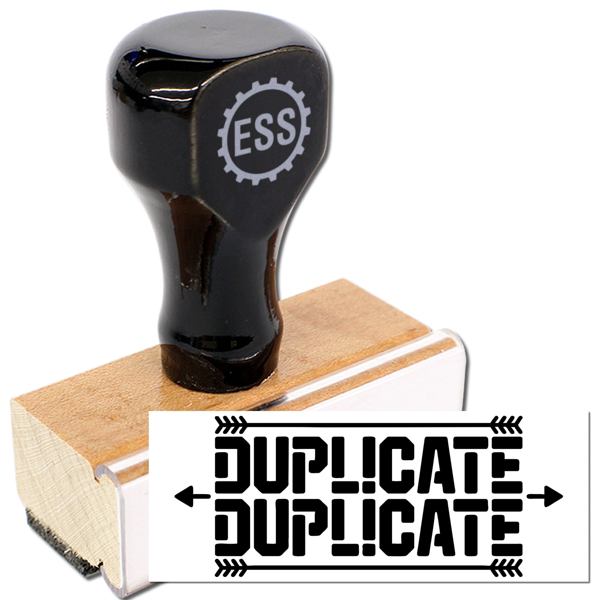 Black self-inking stamp on a wooden seal block with white DUPLICATE imprint and ESS logo.