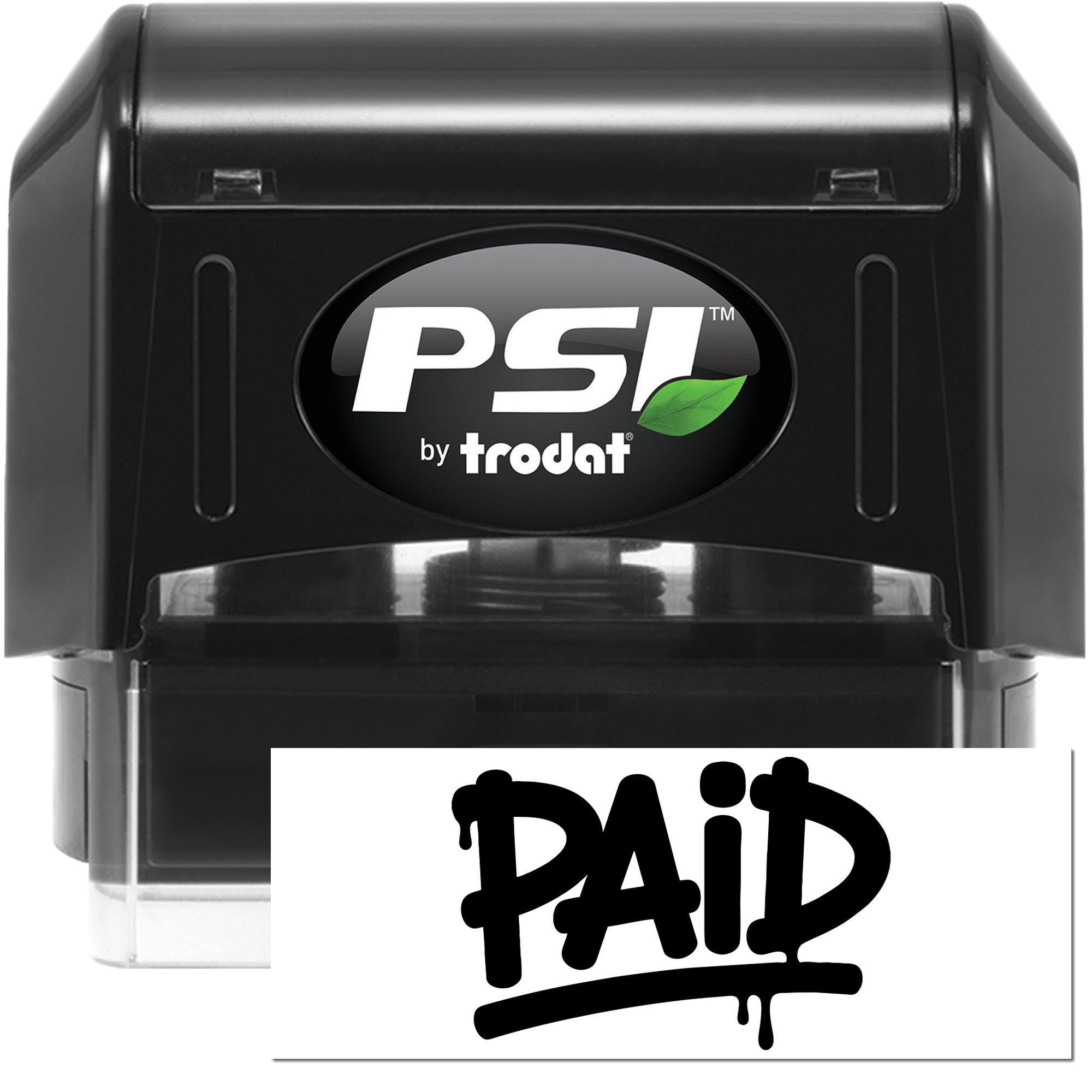 Black PSI by Trodat self-inking stamp and seal, black body with green leaf logo and bold PAID impression.