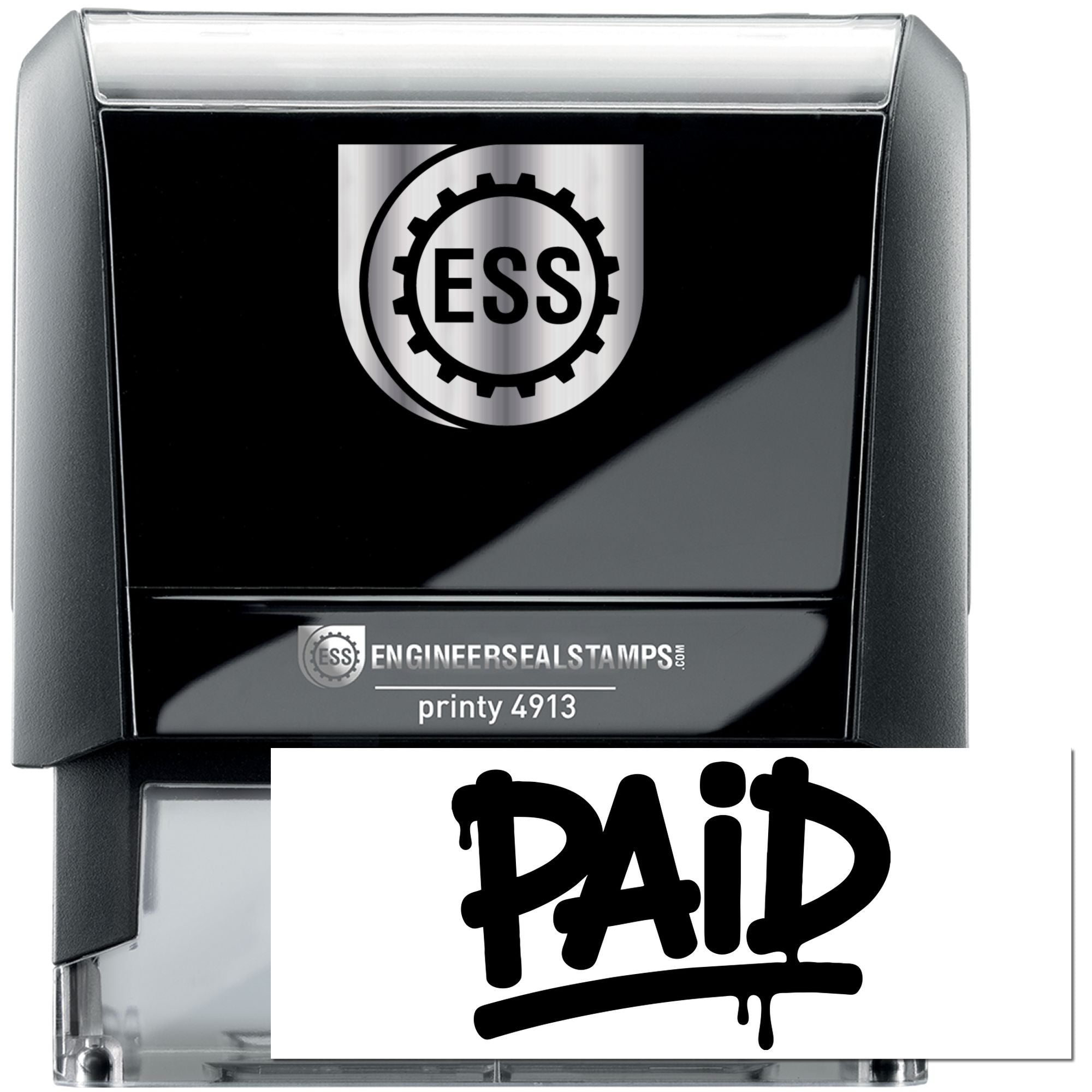 Black self-inking engineer seal stamp, black and silver, with ESS logo and bold PAID imprint on white card.
