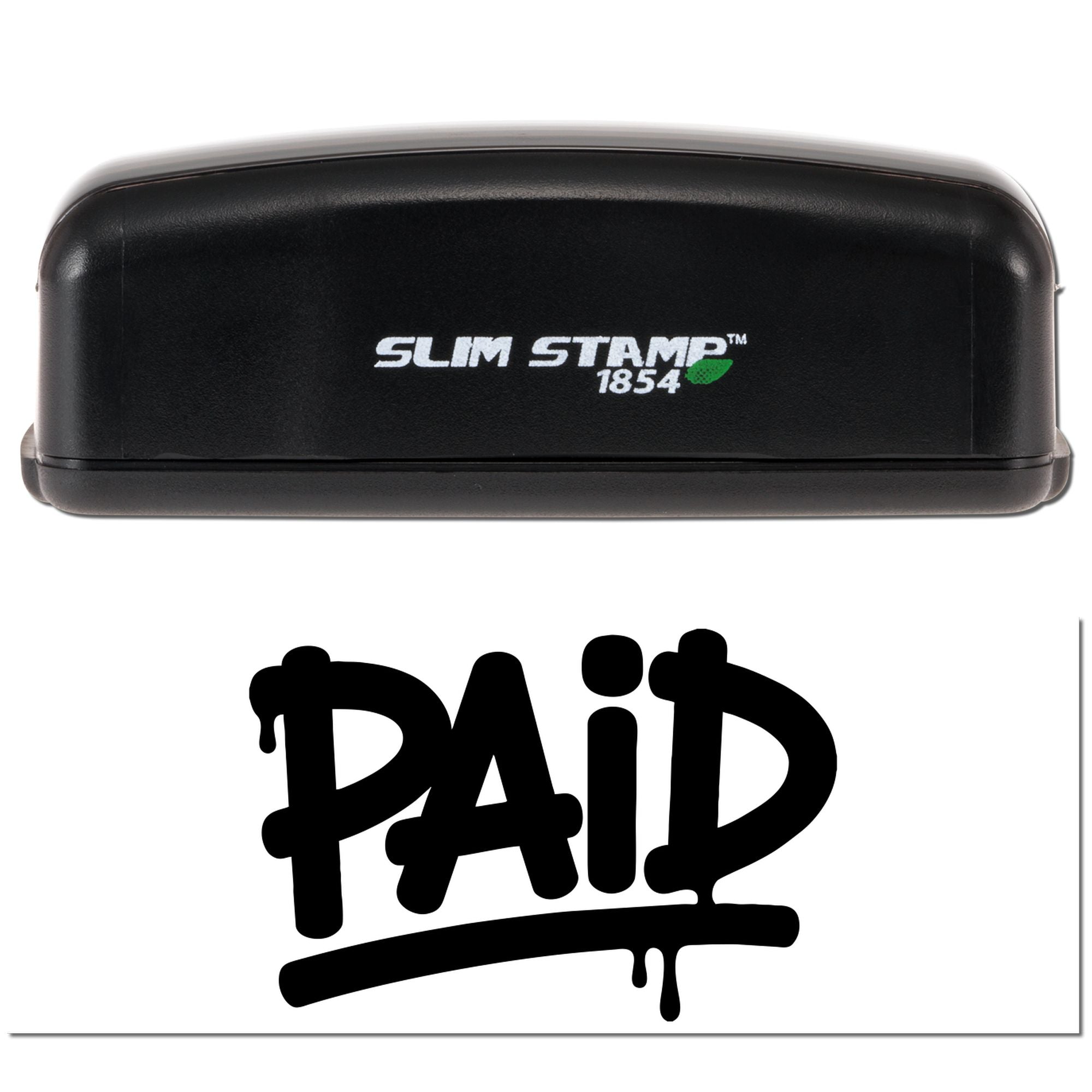 Black Slim Stamp 1854 stamp and seal tool in black with white logo, shown above a bold black PAiD impression.