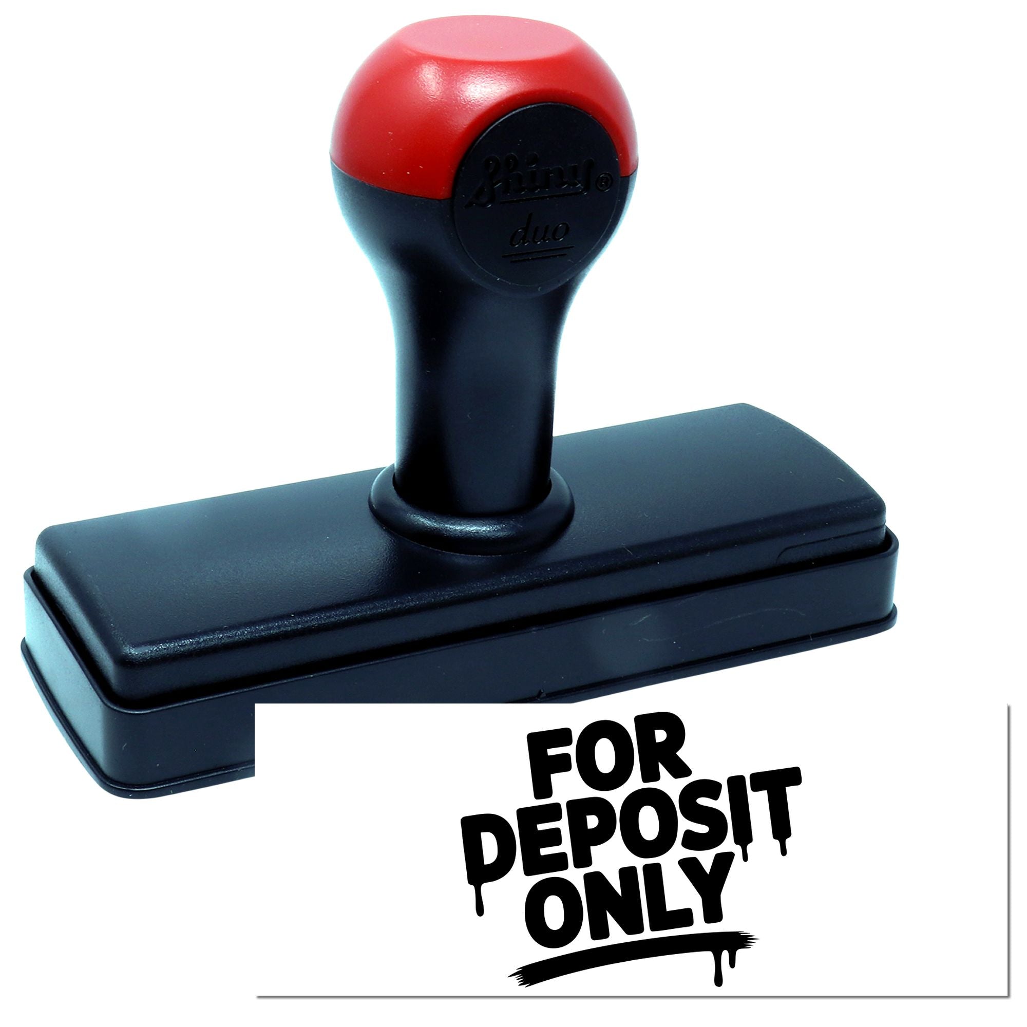 Red and black self-inking deposit-only stamp and seal with bold FOR DEPOSIT ONLY imprint.