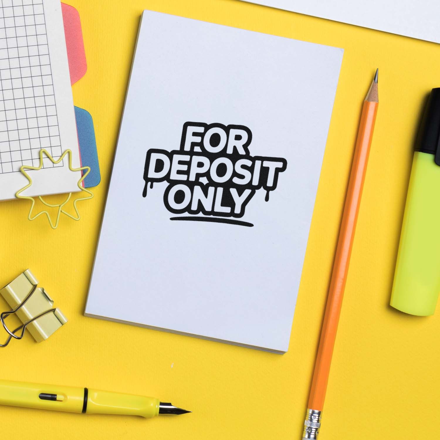 White card with black For Deposit Only bank stamp seal on yellow stationery background, with pencil and highlighter.