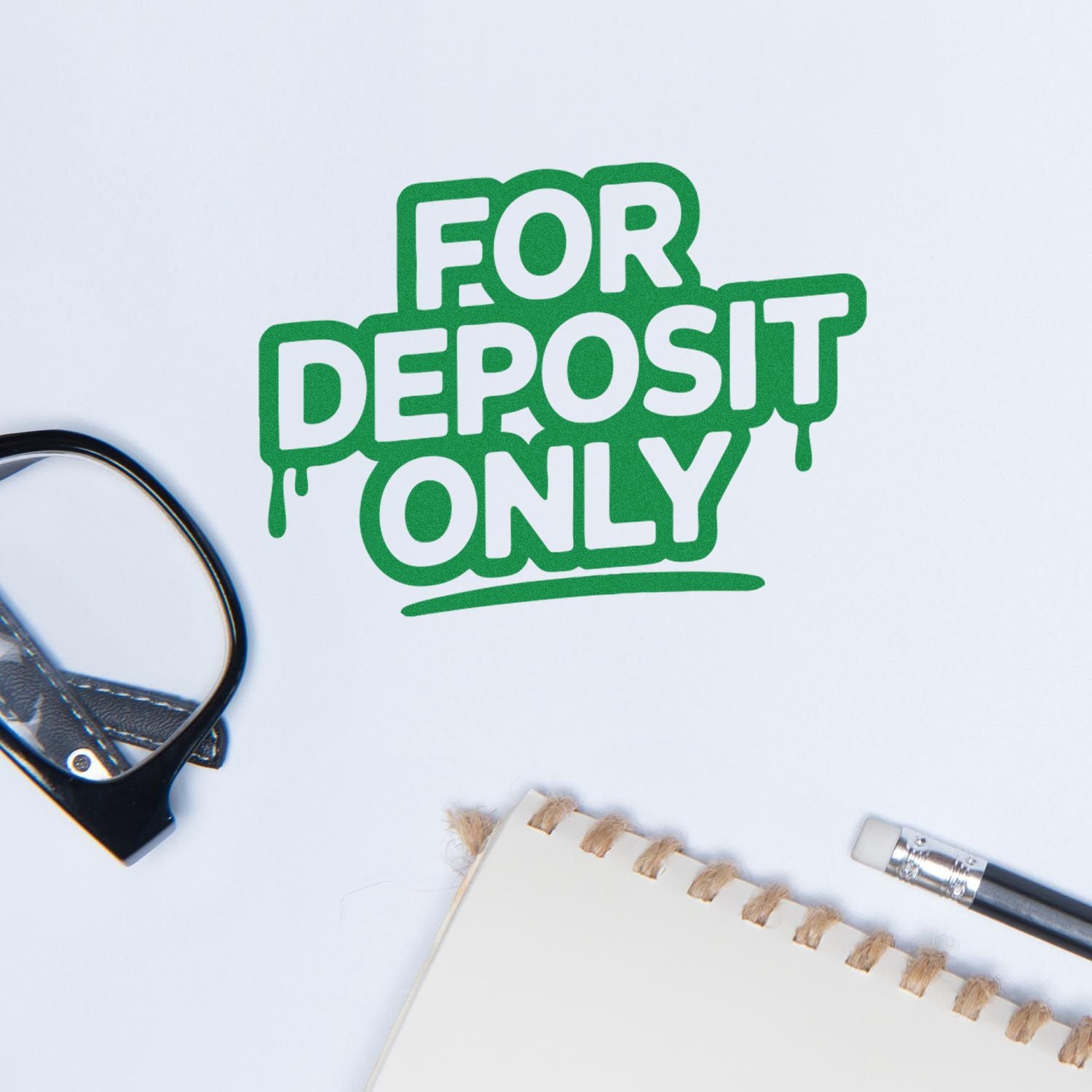 Green FOR DEPOSIT ONLY stamp seal on white paper, with notebook and pen accents.
