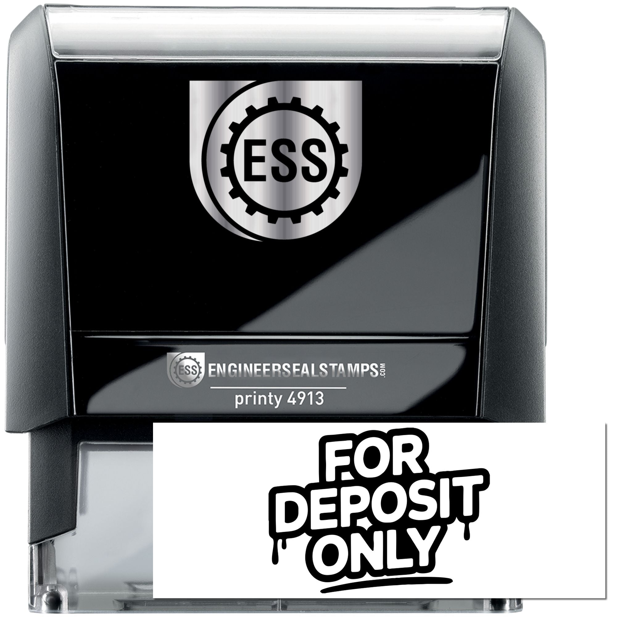 Black and silver ESS Engineer Seal Stamps printy 4913 self-inking stamp with For Deposit Only seal.