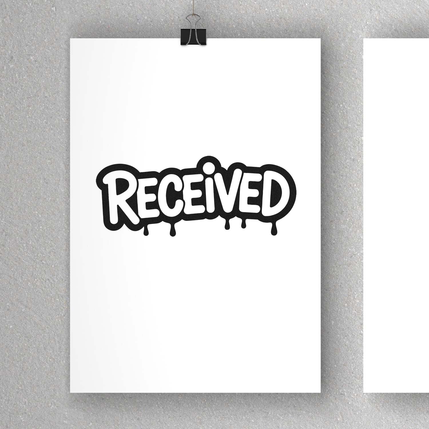 Black-and-white RECEIVED stamp seal with dripping bubble letters on a white sheet clipped against a gray background.