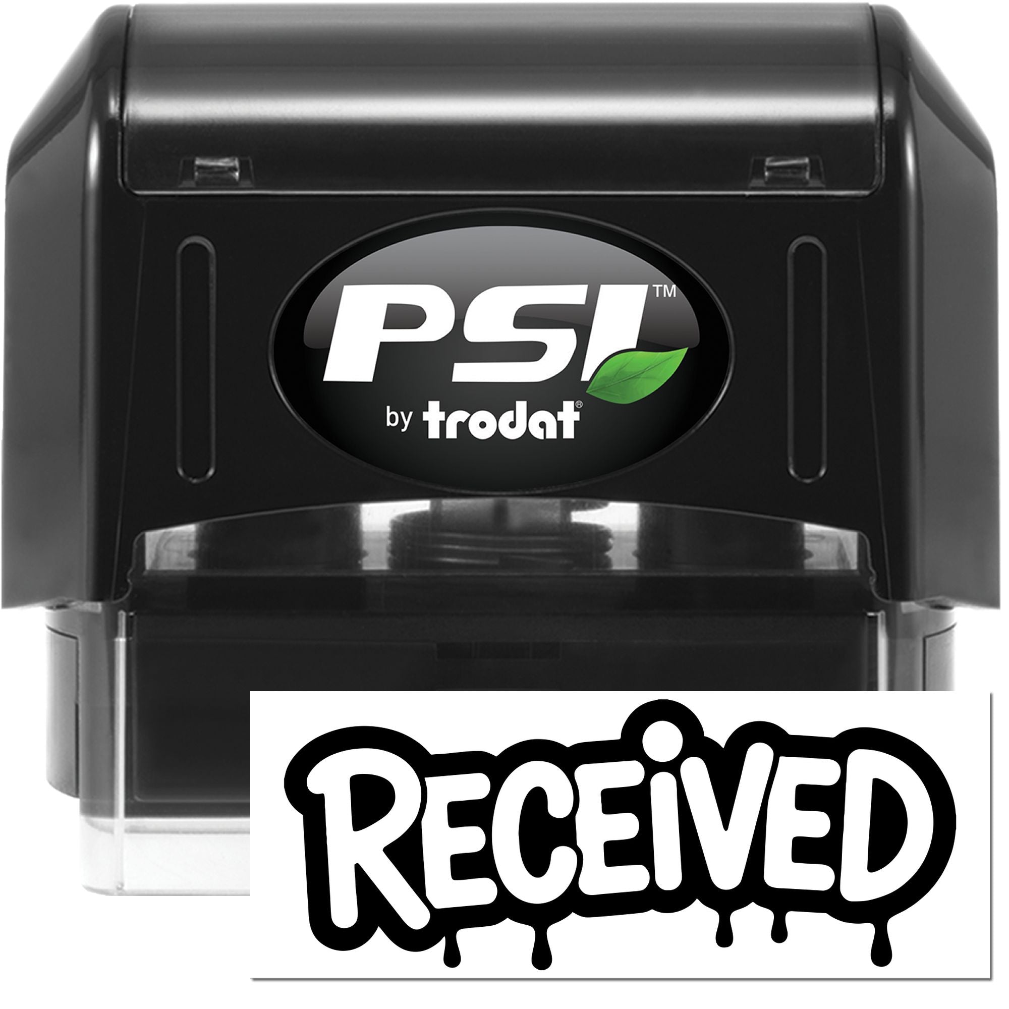 Black PSI by Trodat self-inking stamp and seal with white Received imprint and green leaf logo