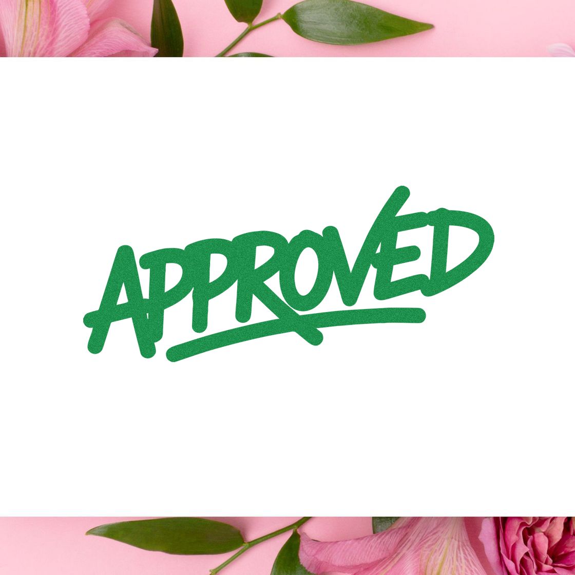 Green APPROVED rubber stamp seal on white background, framed by pink flowers and leaves.