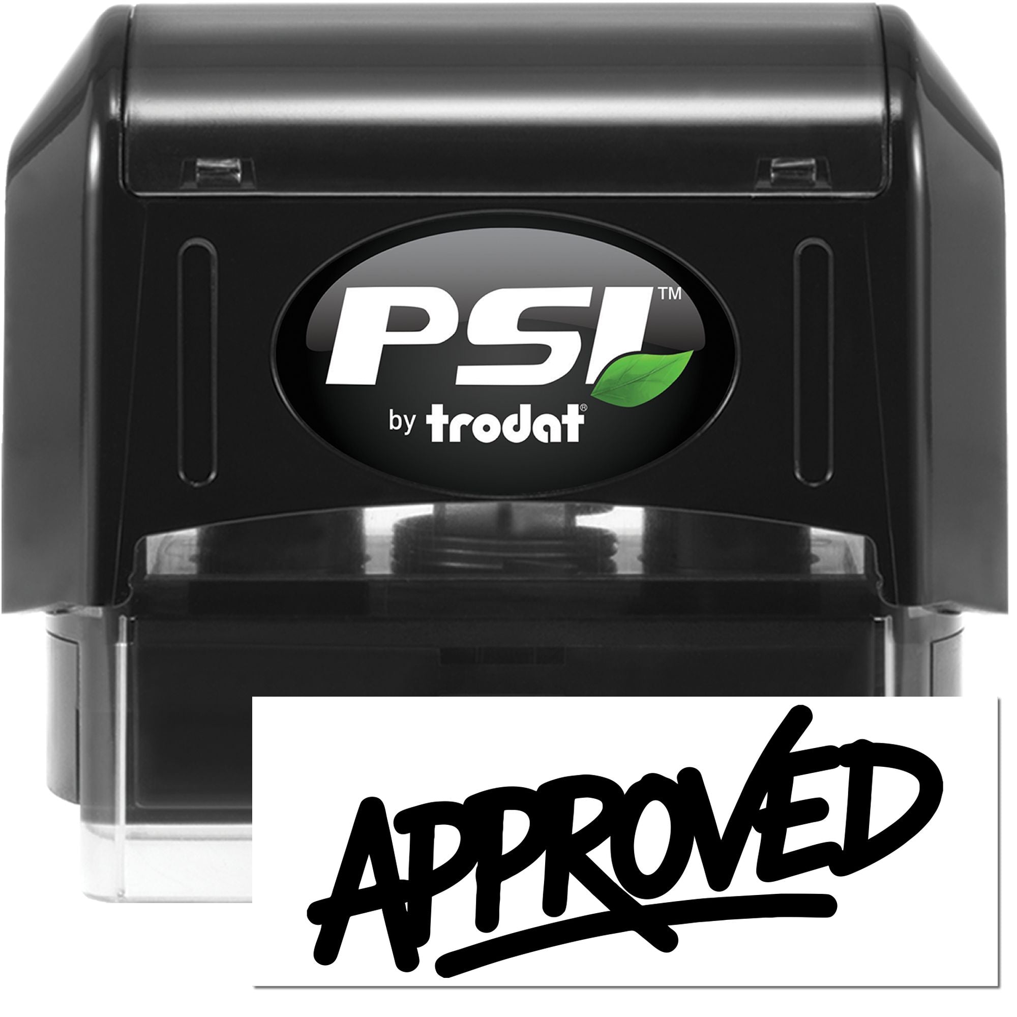 Black PSI by Trodat self-inking stamp with green leaf logo and bold Approved seal impression.