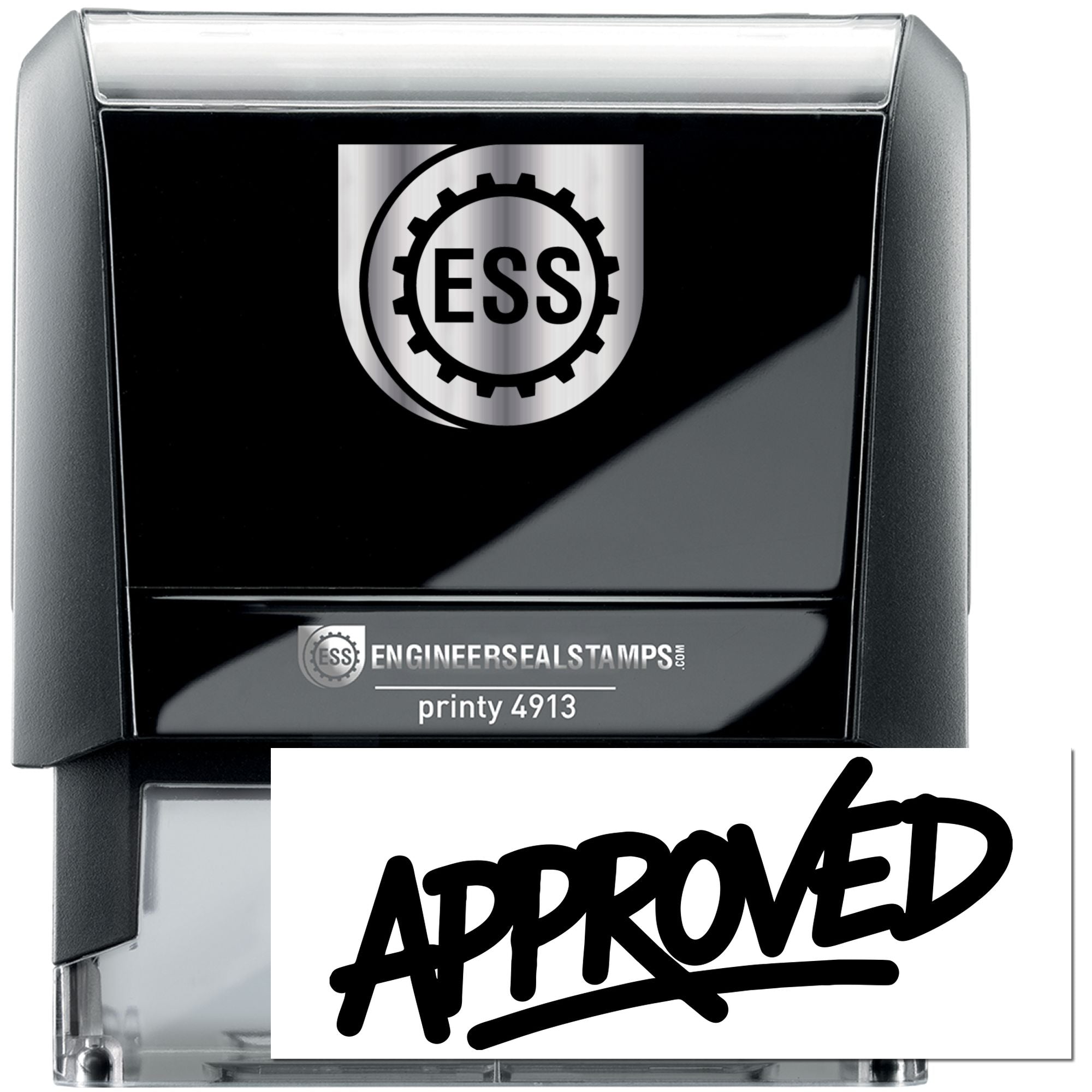 Black and silver self-inking approval stamp with ESS logo and bold black APPROVED seal text