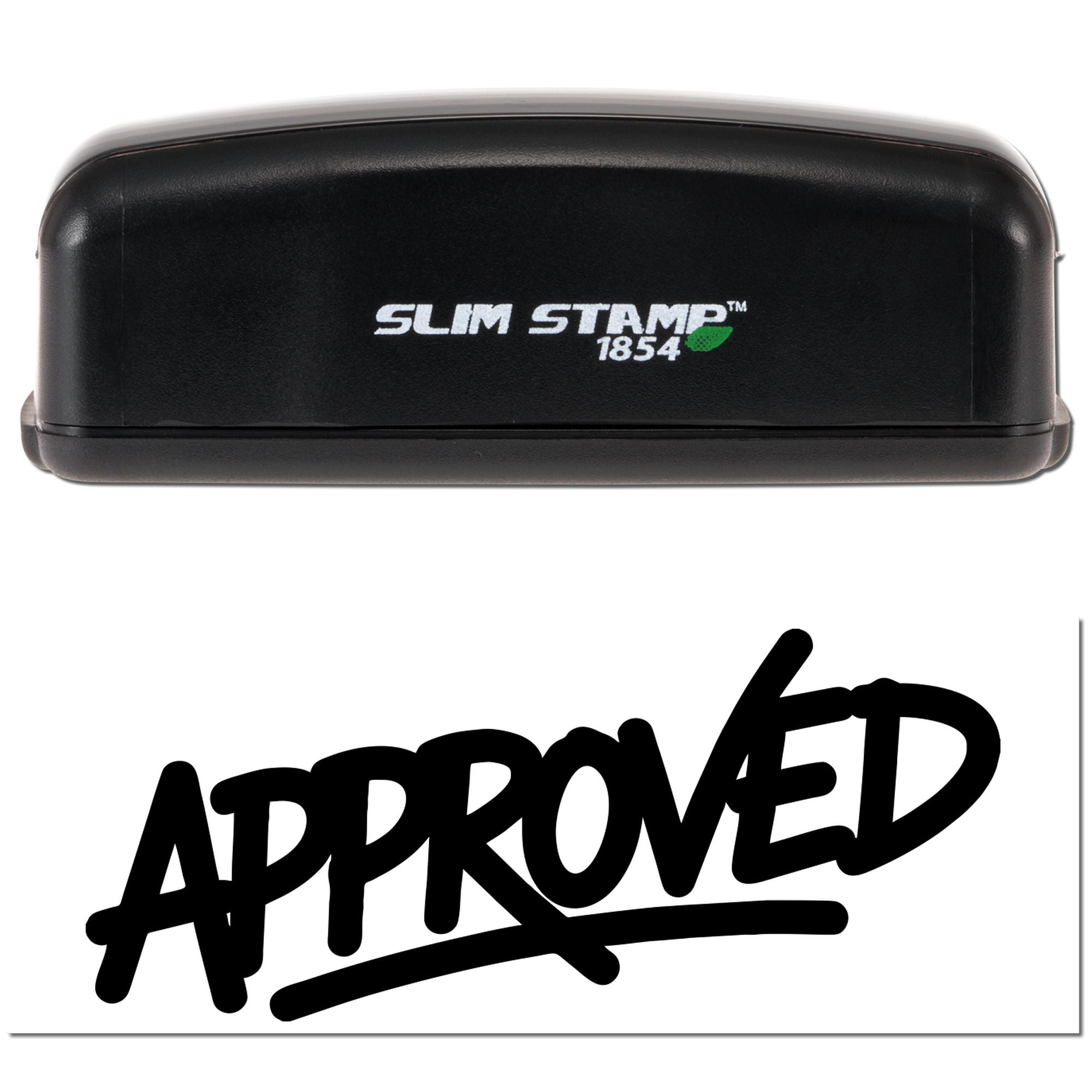 Black Slim Stamp 1854 in black with green accent and bold APPROVED seal on white background.