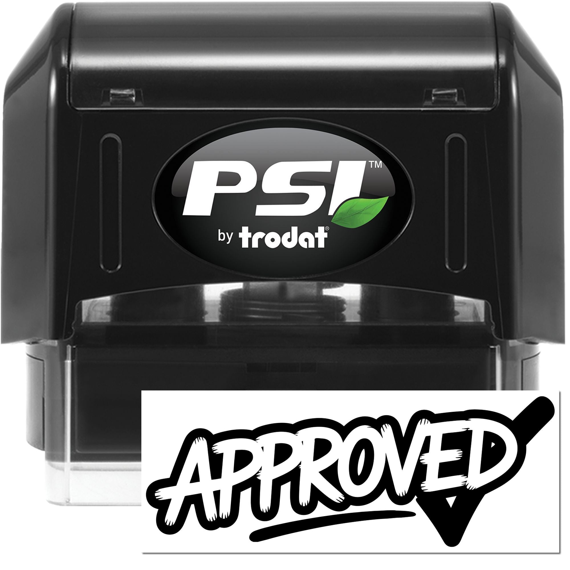 Black PSI by Trodat self-inking stamp with green leaf logo and APPROVED seal