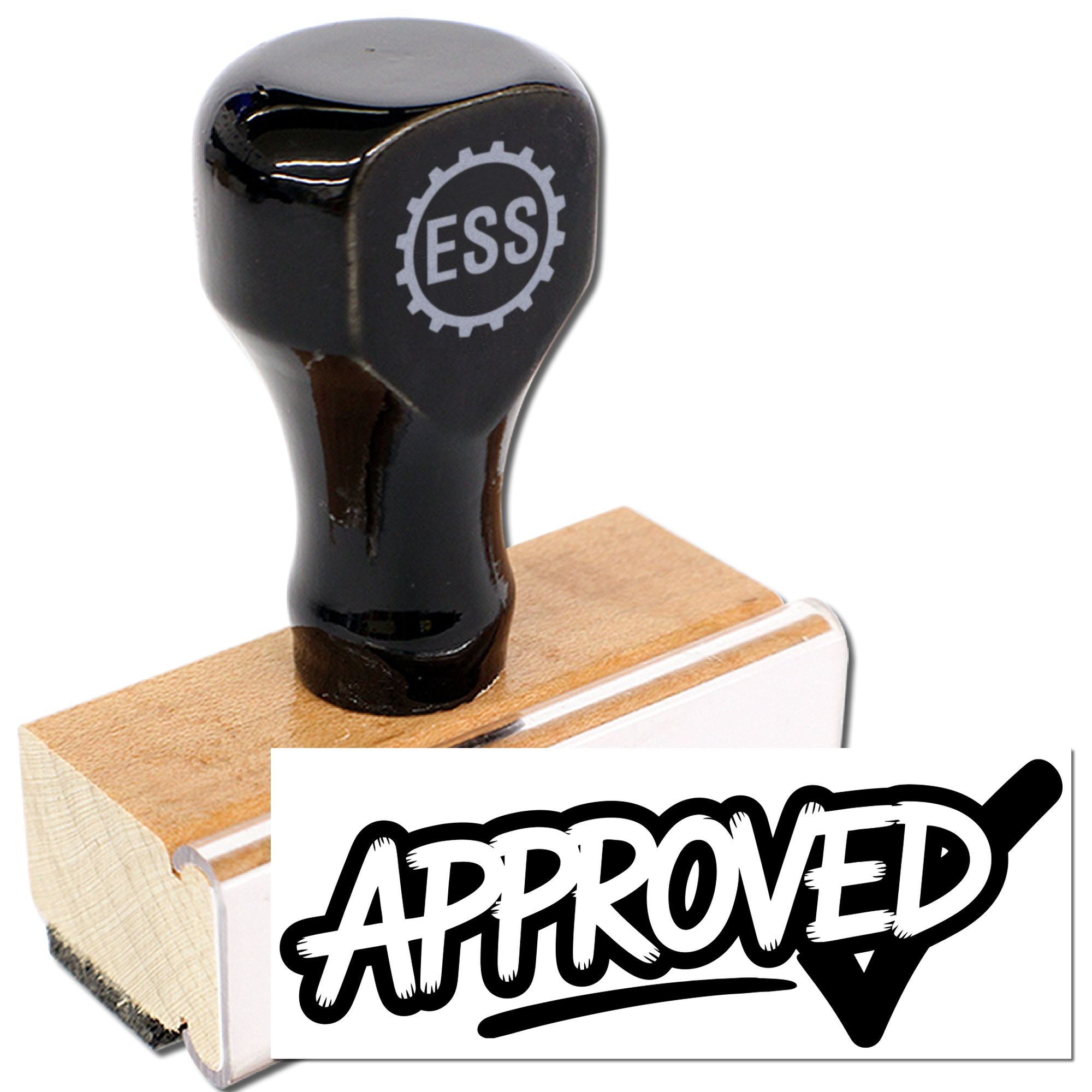 Black ESS rubber seal stamp on wooden base, with white APPROVED imprint