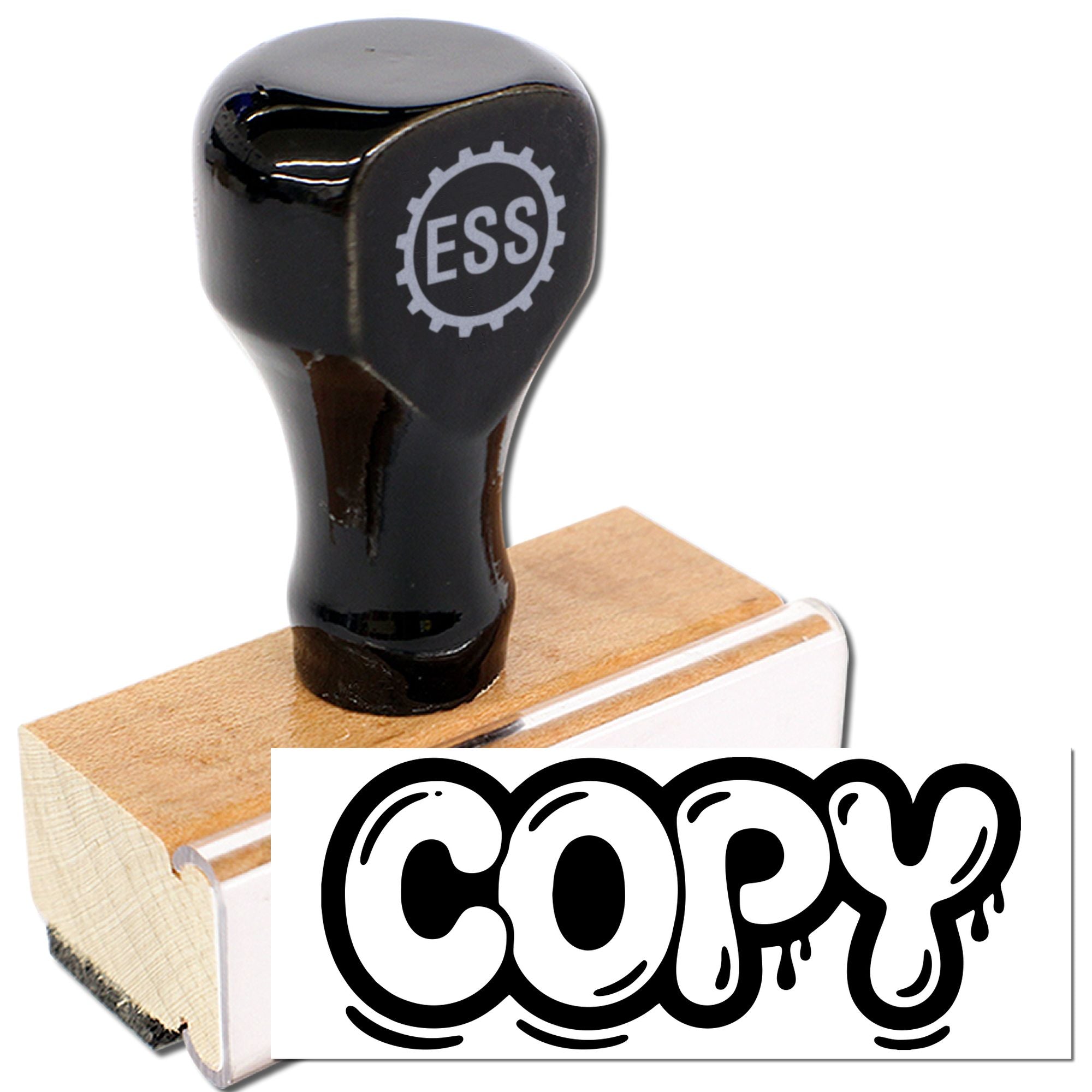 Black stamp and seal with white copy imprint on wooden block