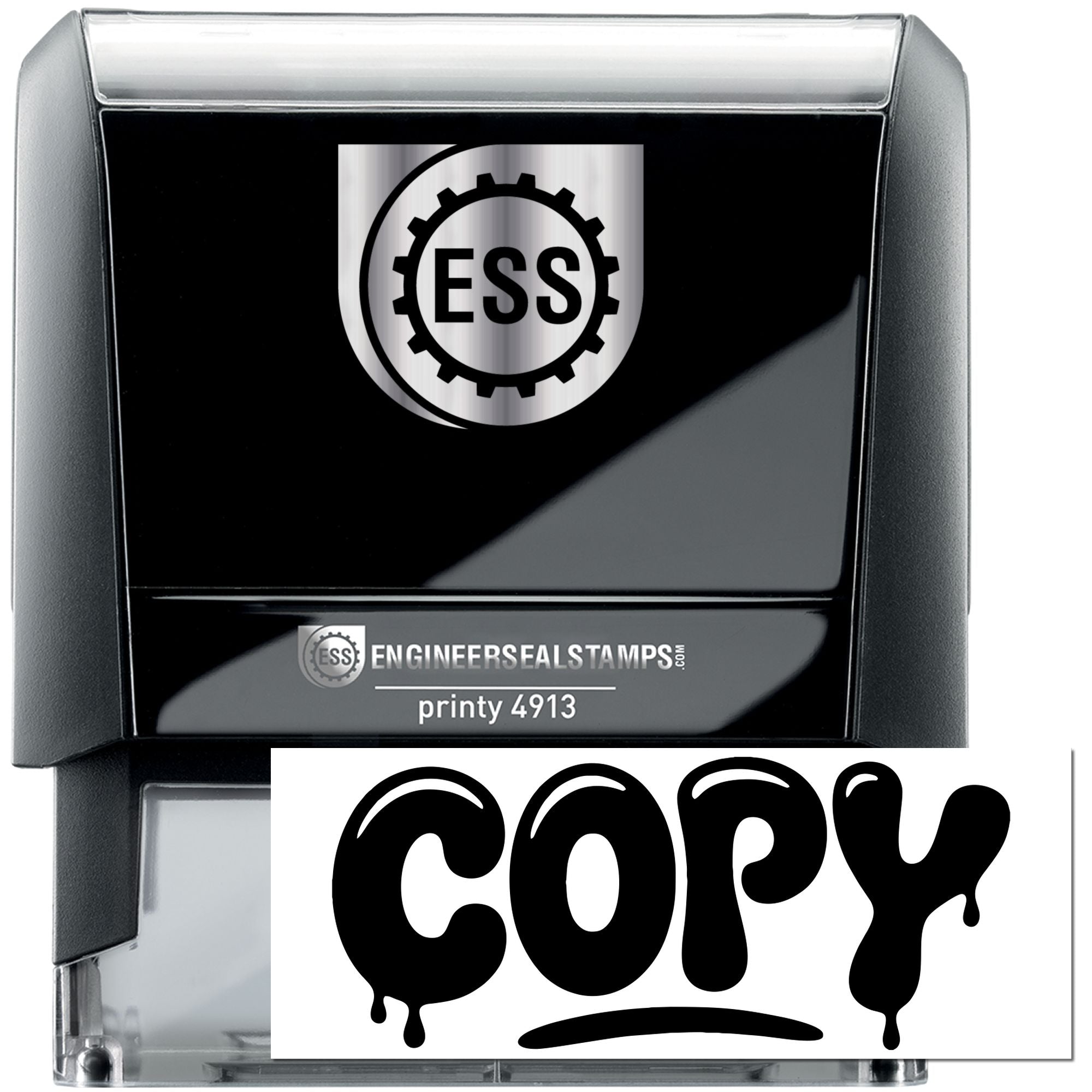Black ESS self-inking stamp and seal with gray casing, metallic logo, and bold COPY imprint on white background.
