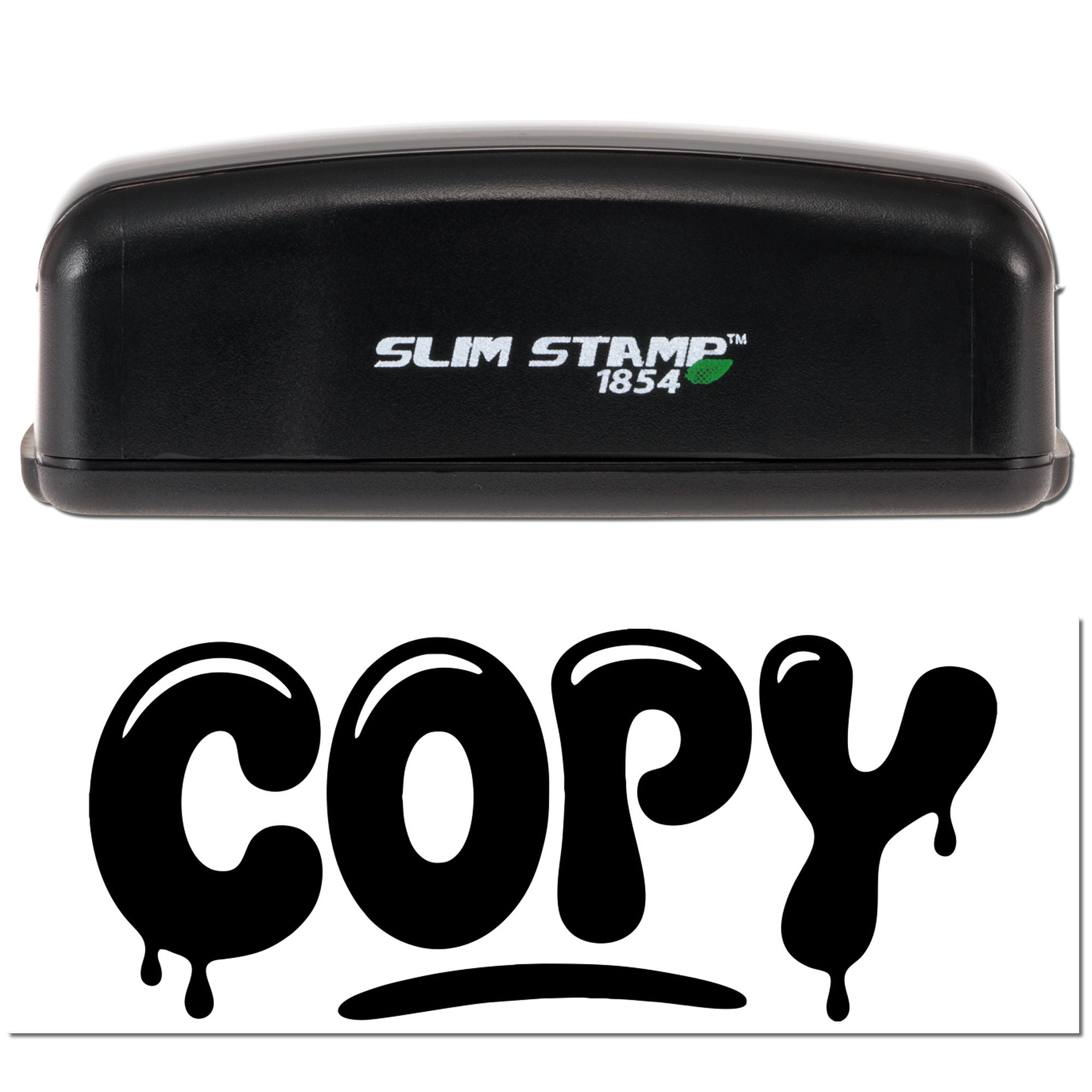 Black Slim Stamp 1854 self-inking stamp with green leaf logo above bold black COPY! seal on white background.