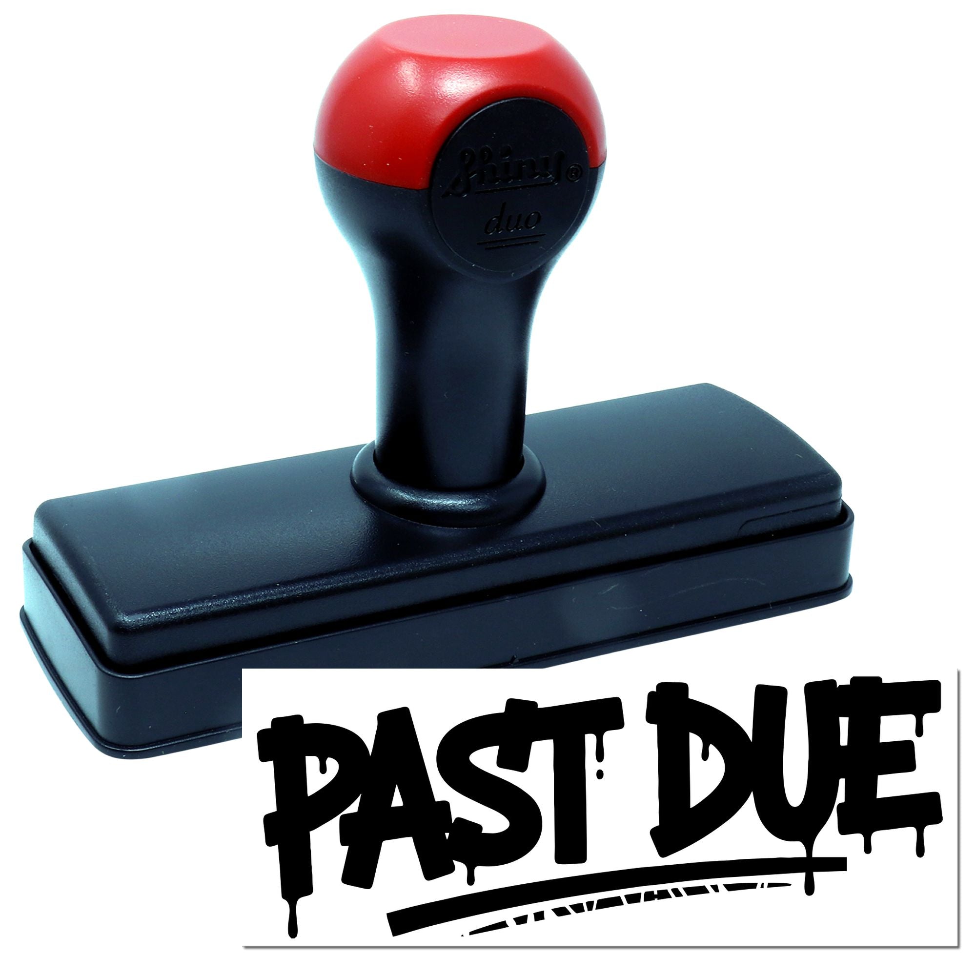 Red and black self-inking stamp and seal with bold PAST DUE imprint.