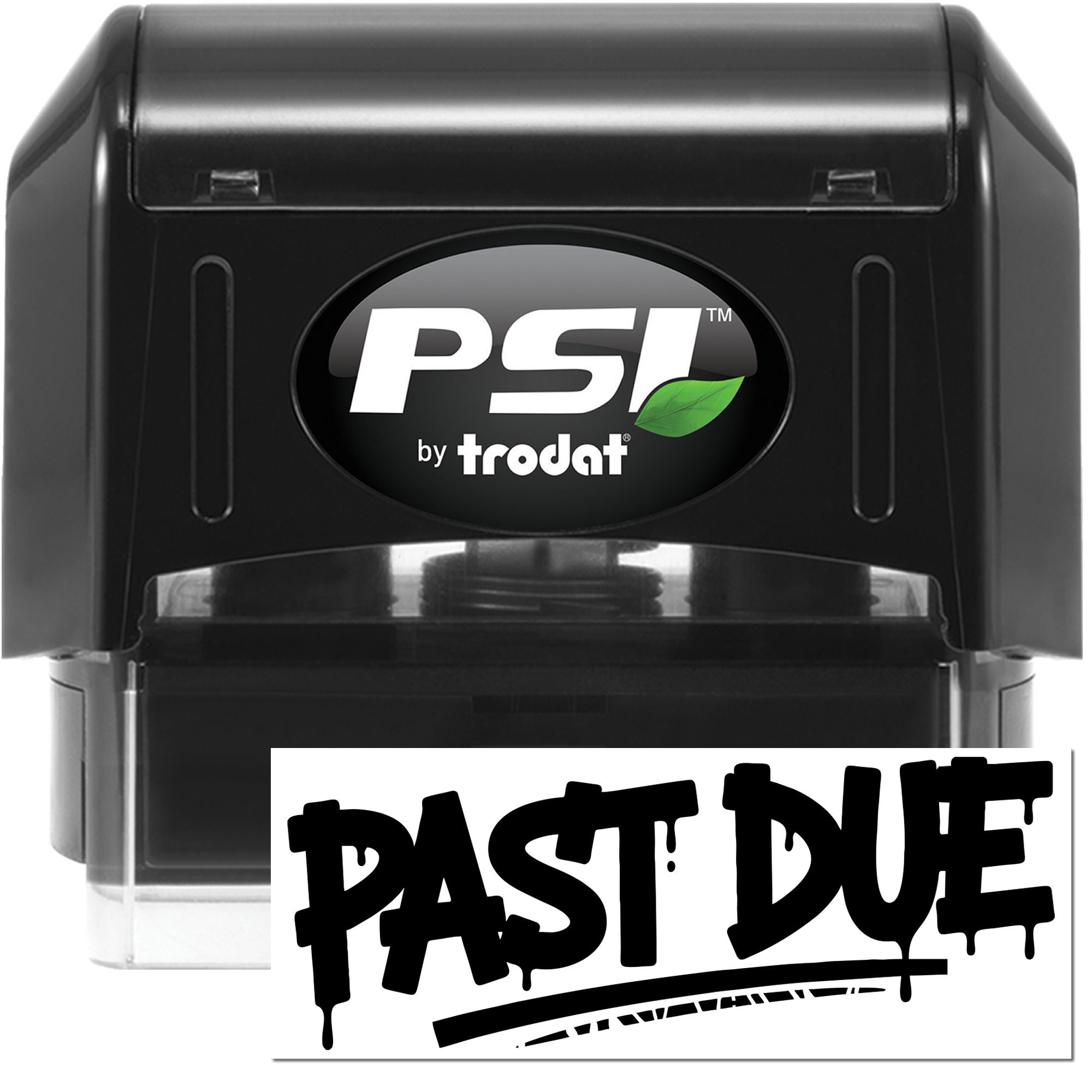 Black PSI by Trodat self-inking stamp with clear past-due seal and bold black lettering