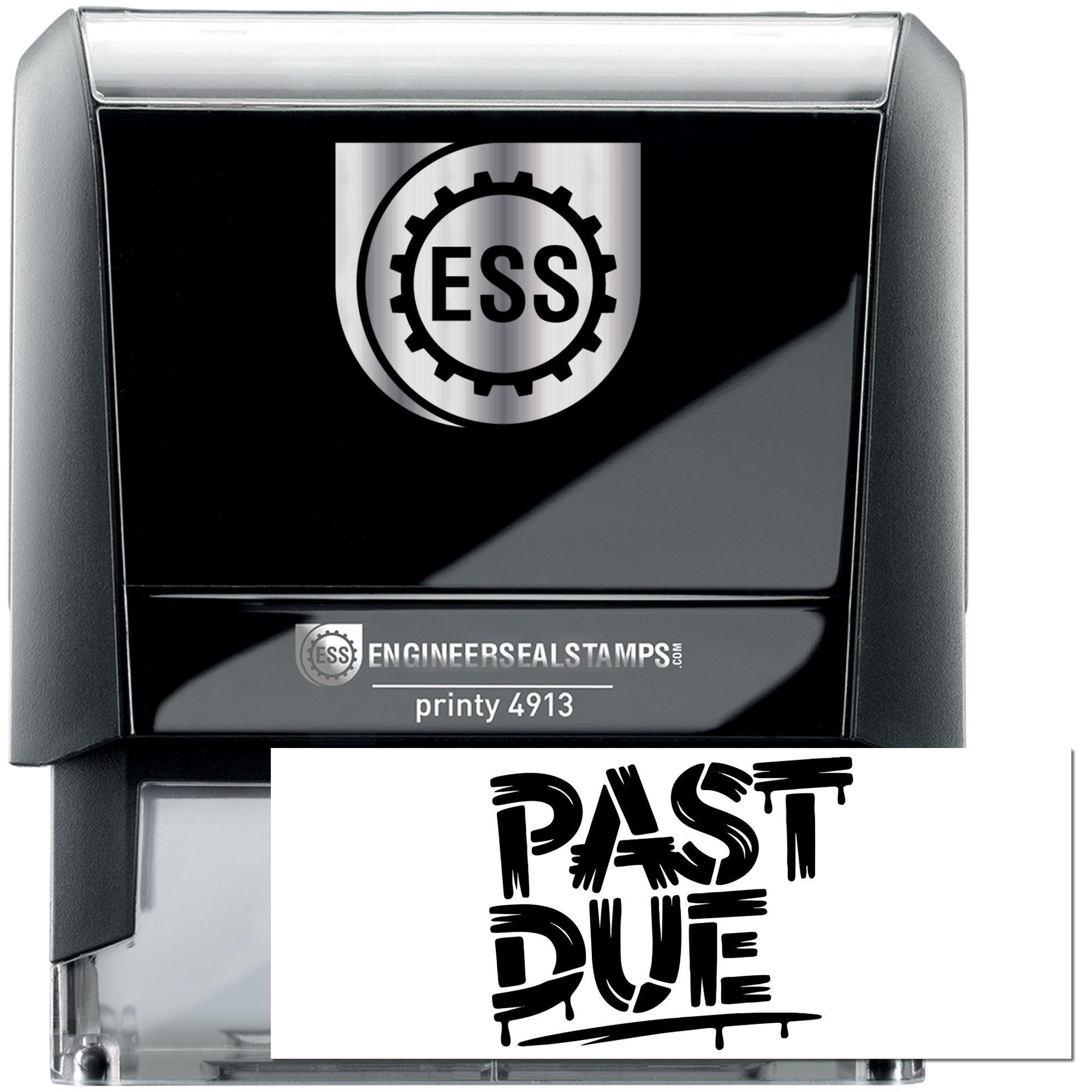Black ESS self-inking stamp and seal with silver-gray accents and bold PAST DUE imprint