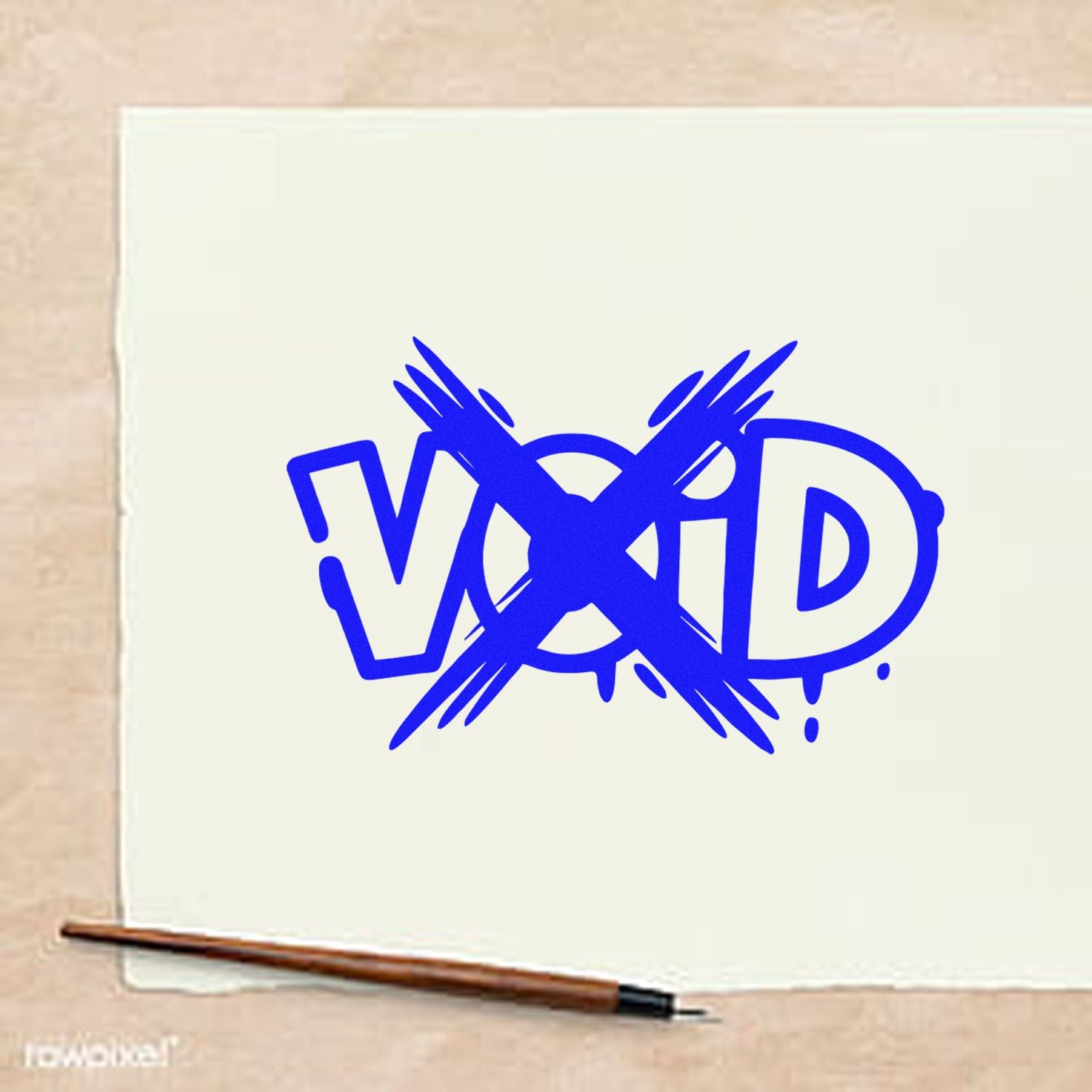 Blue VOID stamp seal on white paper, crossed out with a bold X; brown pen on a beige background.