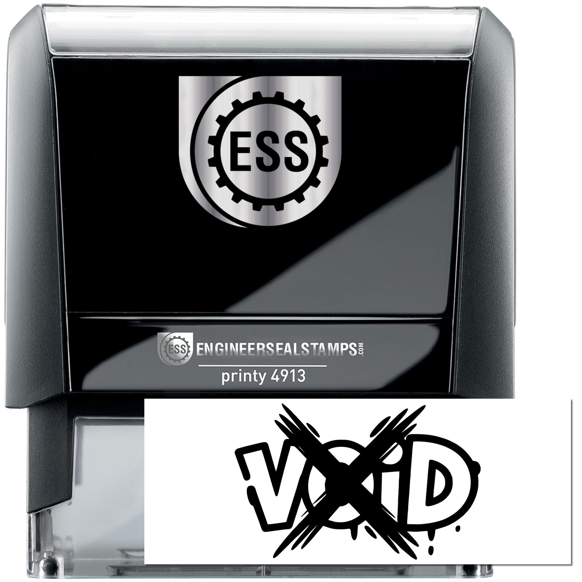 Black and silver self-inking engineer seal stamp with ESS logo and crossed-out VHD seal on white card