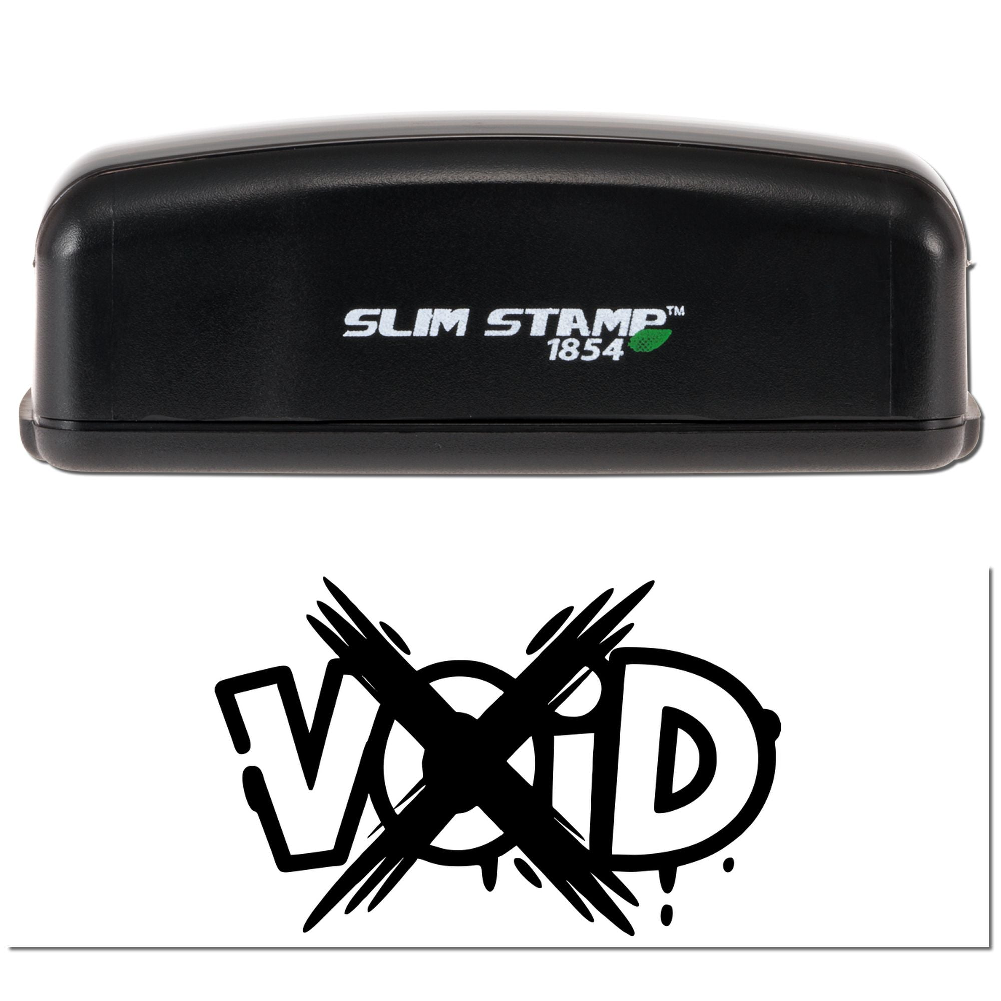 Black Slim Stamp 1854 stamp with green leaf logo above a bold black VOID seal imprint on white background.
