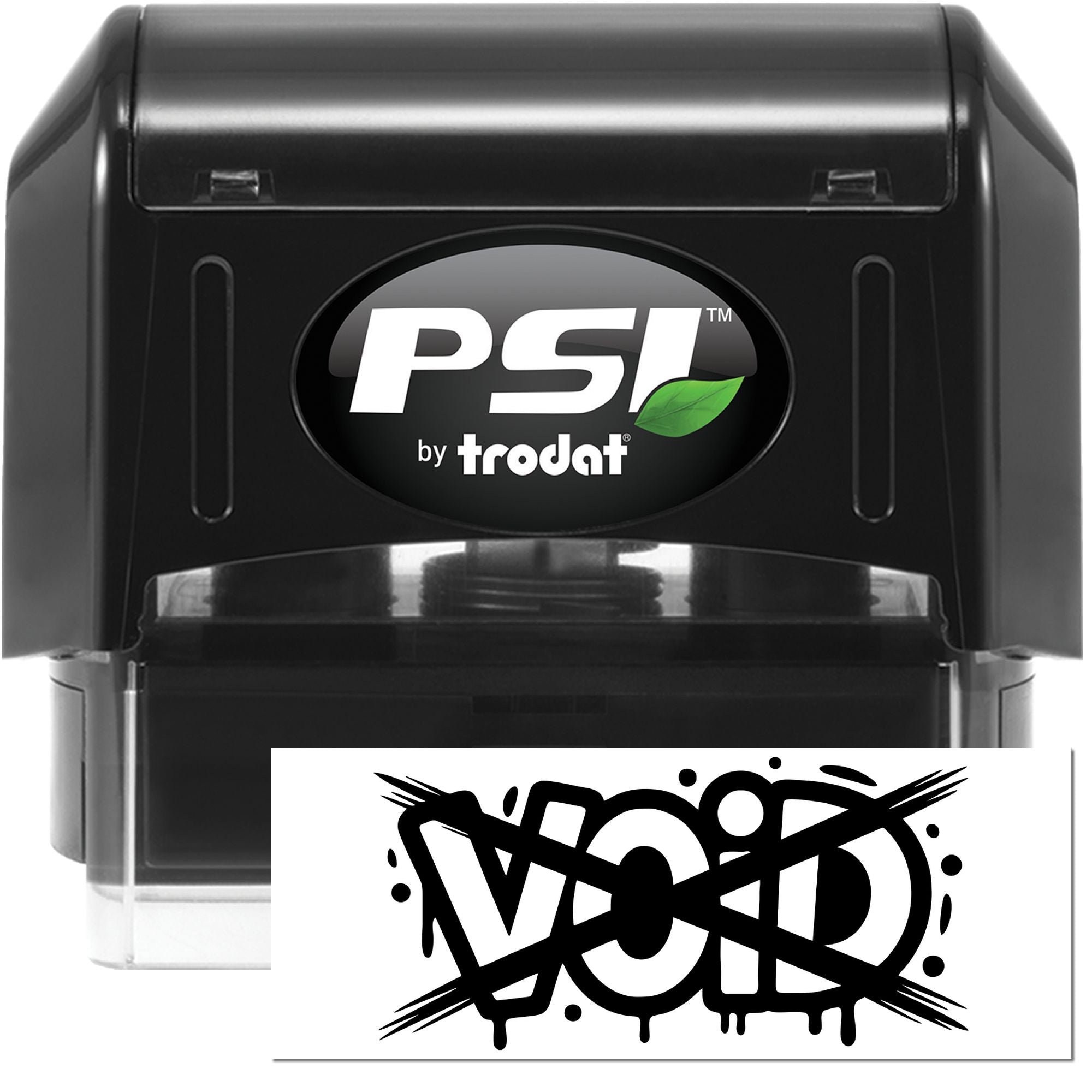 Black PSI by Trodat self-inking stamp and seal with green leaf logo and bold white VOID imprint.