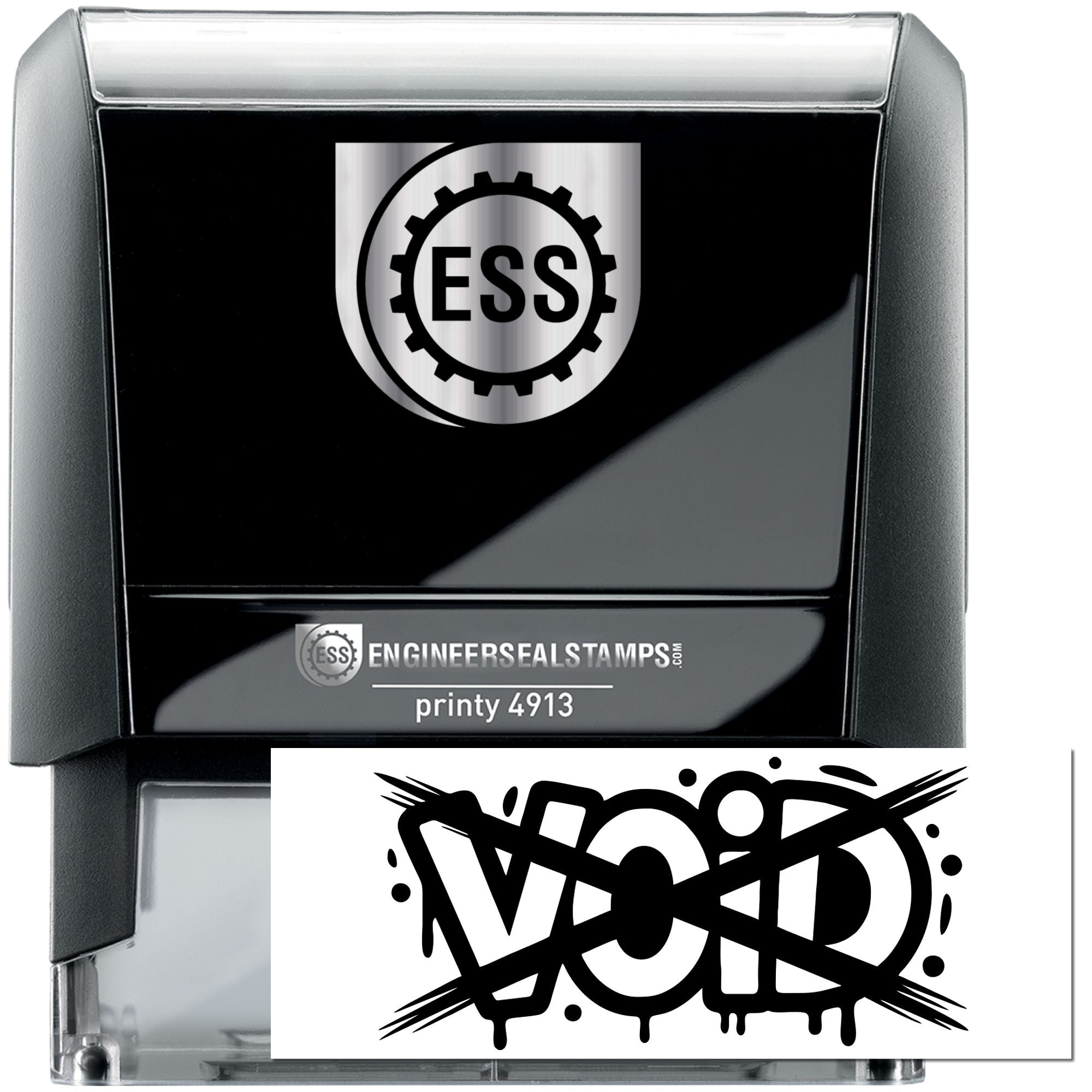 Black and gray self-inking security stamp with ESS logo, Printy 4913, and bold black VOID seal graphic