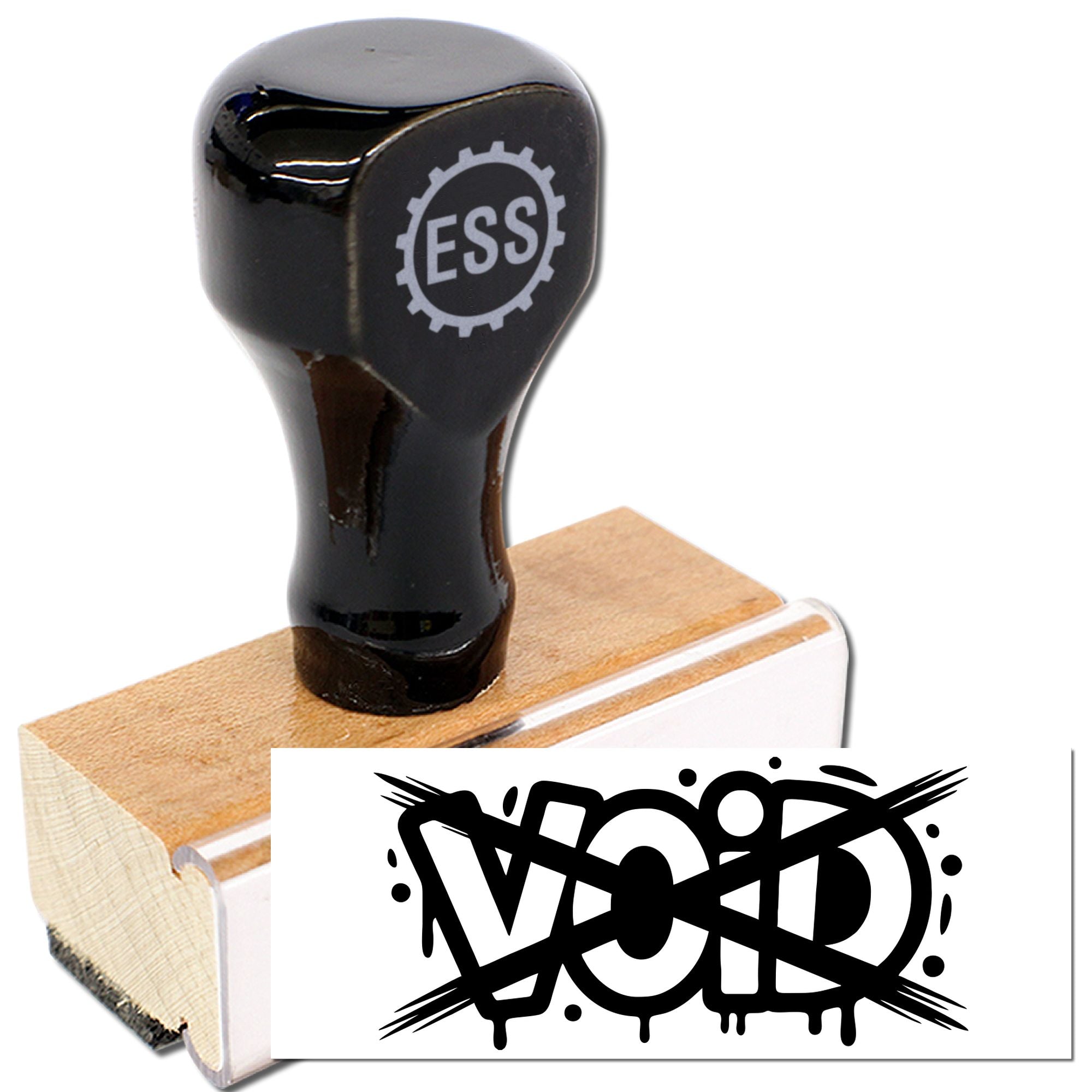 Black custom rubber stamp on a wooden base with ESS logo and bold black seal design on white background