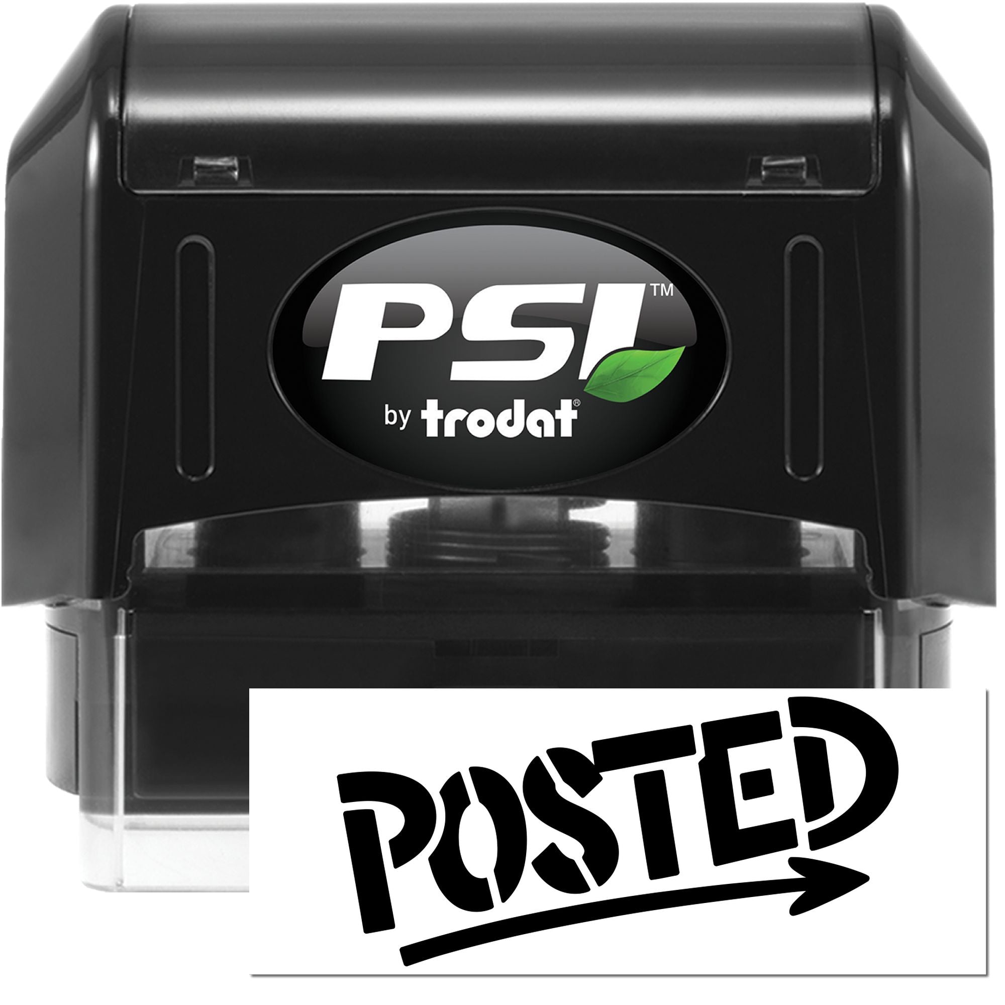 Black PSI by Trodat self-inking stamp with green leaf logo and POSTED seal on white