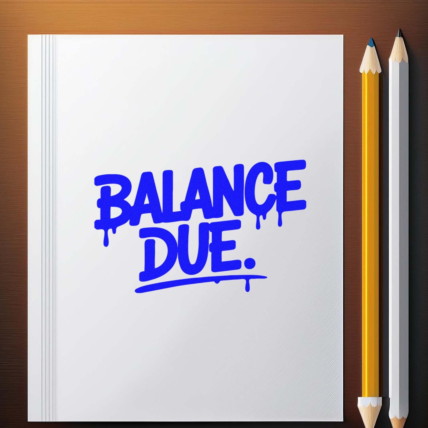 Blue BALANCE DUE stamp-and-seal design on a white notebook, with yellow and white pencils on a brown desk.