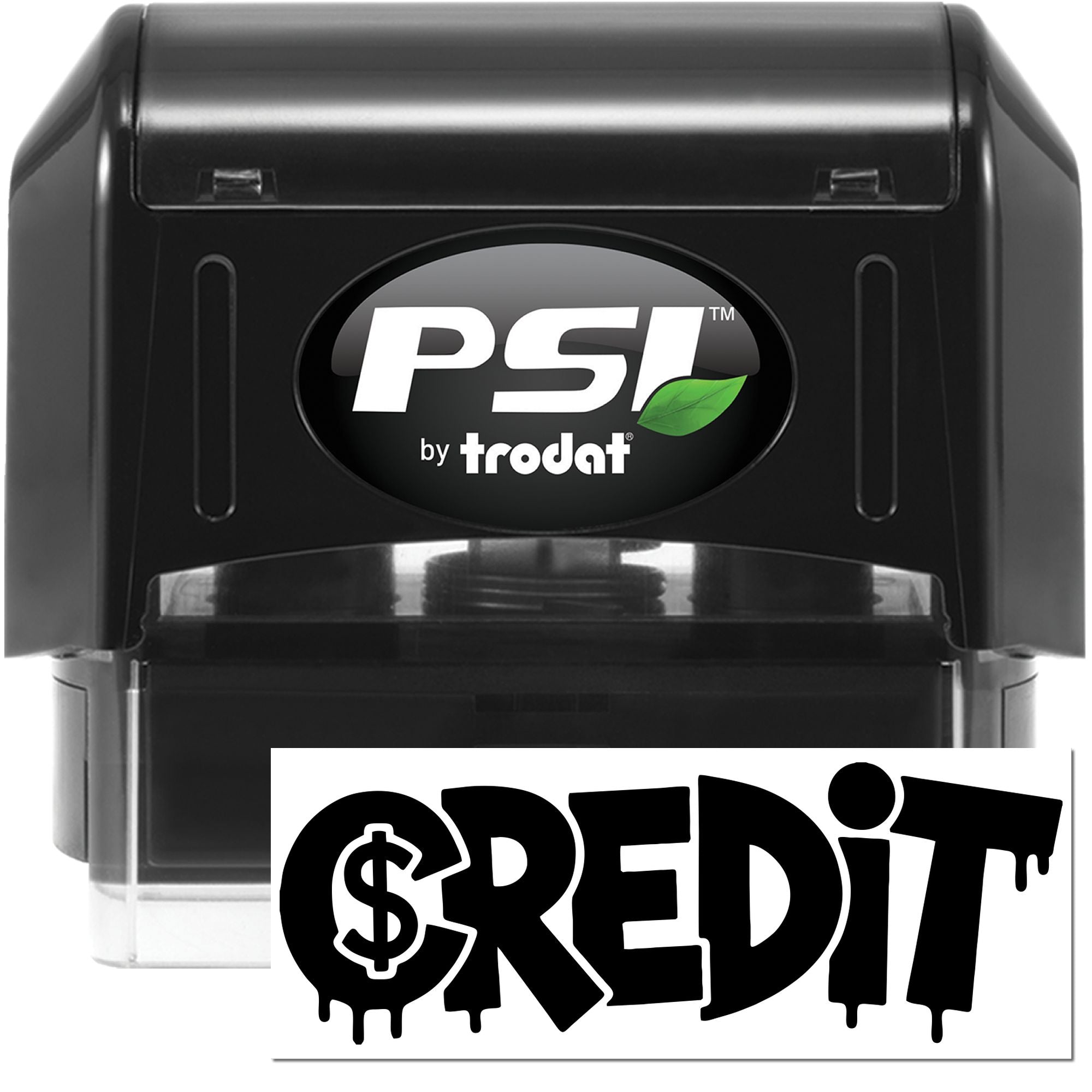 Black PSI by Trodat self-inking stamp with green leaf logo and matching CREDIT seal on white background.