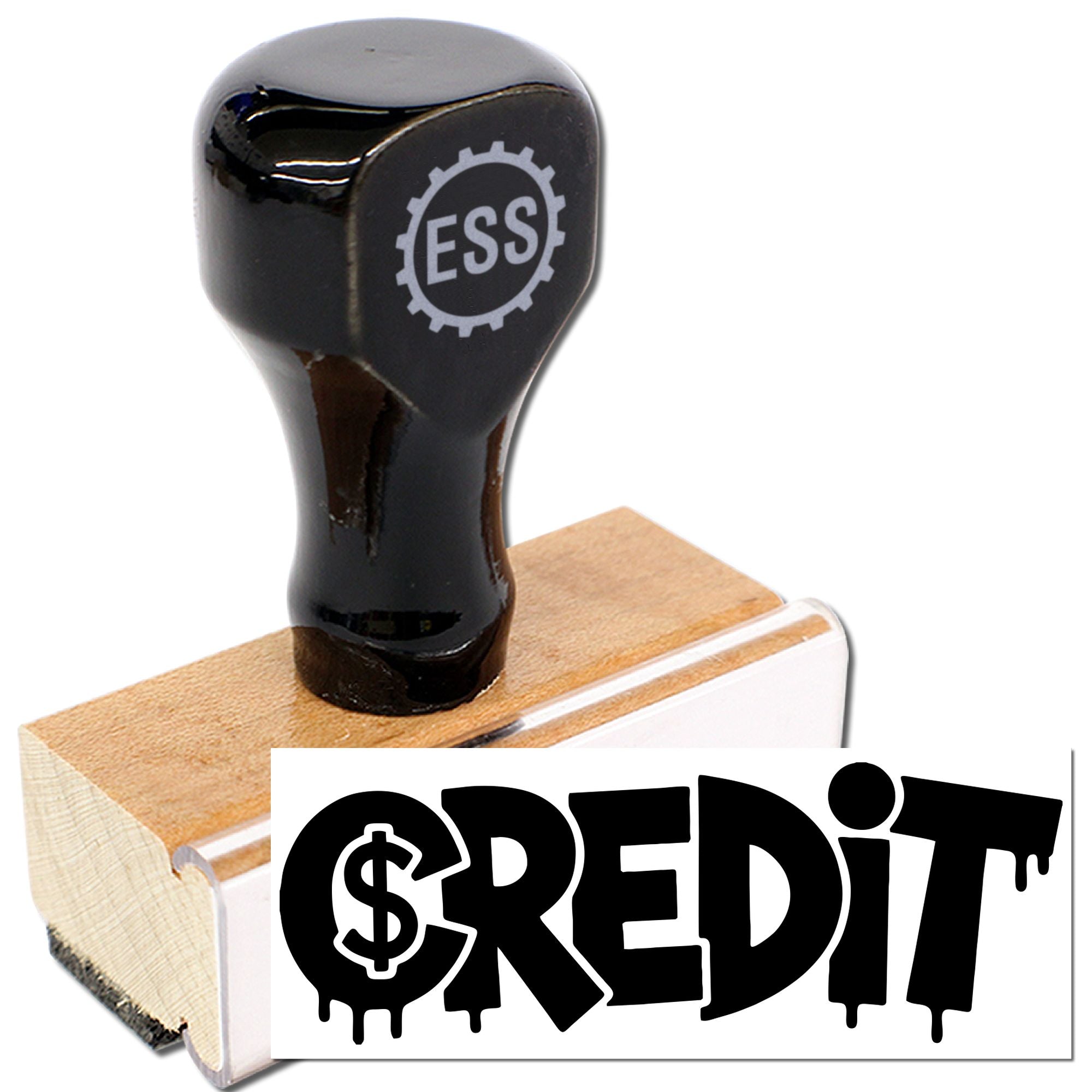 Black custom rubber stamp and wooden seal with E$$ emblem, bold CREDIT text, on white background.
