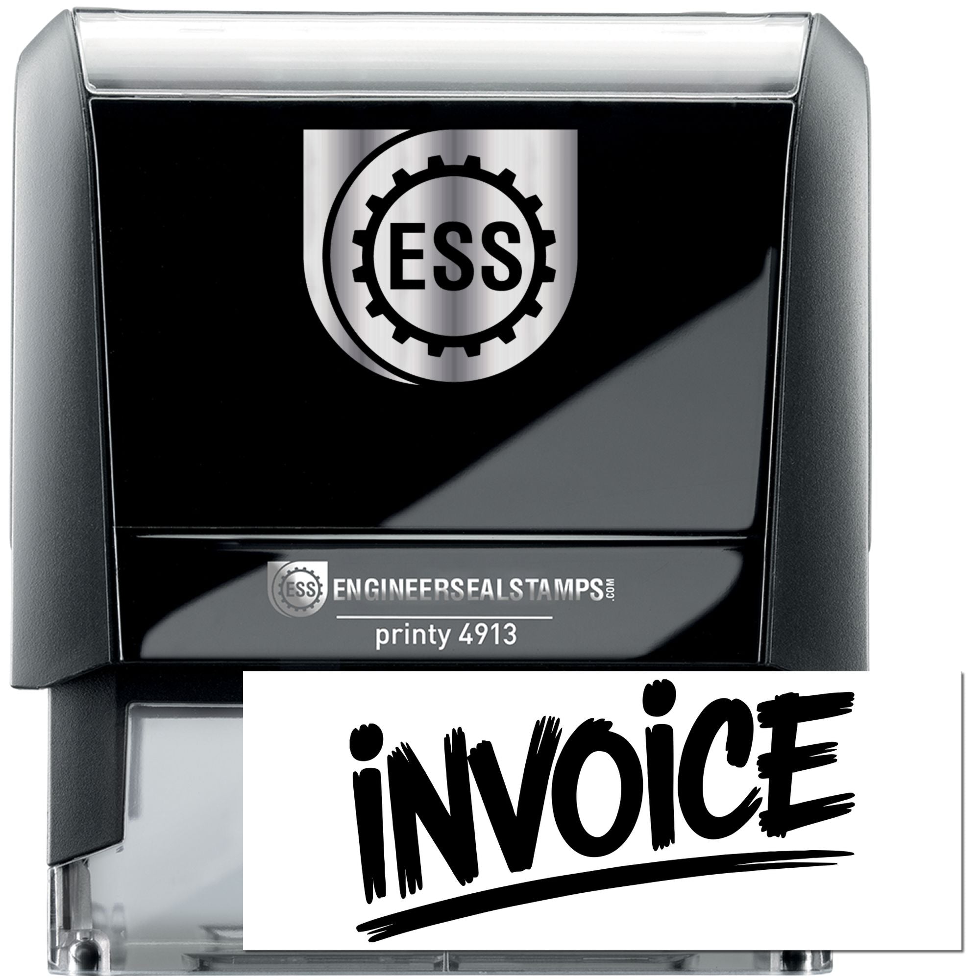 Black and silver ESS self-inking stamp and seal with gear logo, showing invoice imprint on clear case.