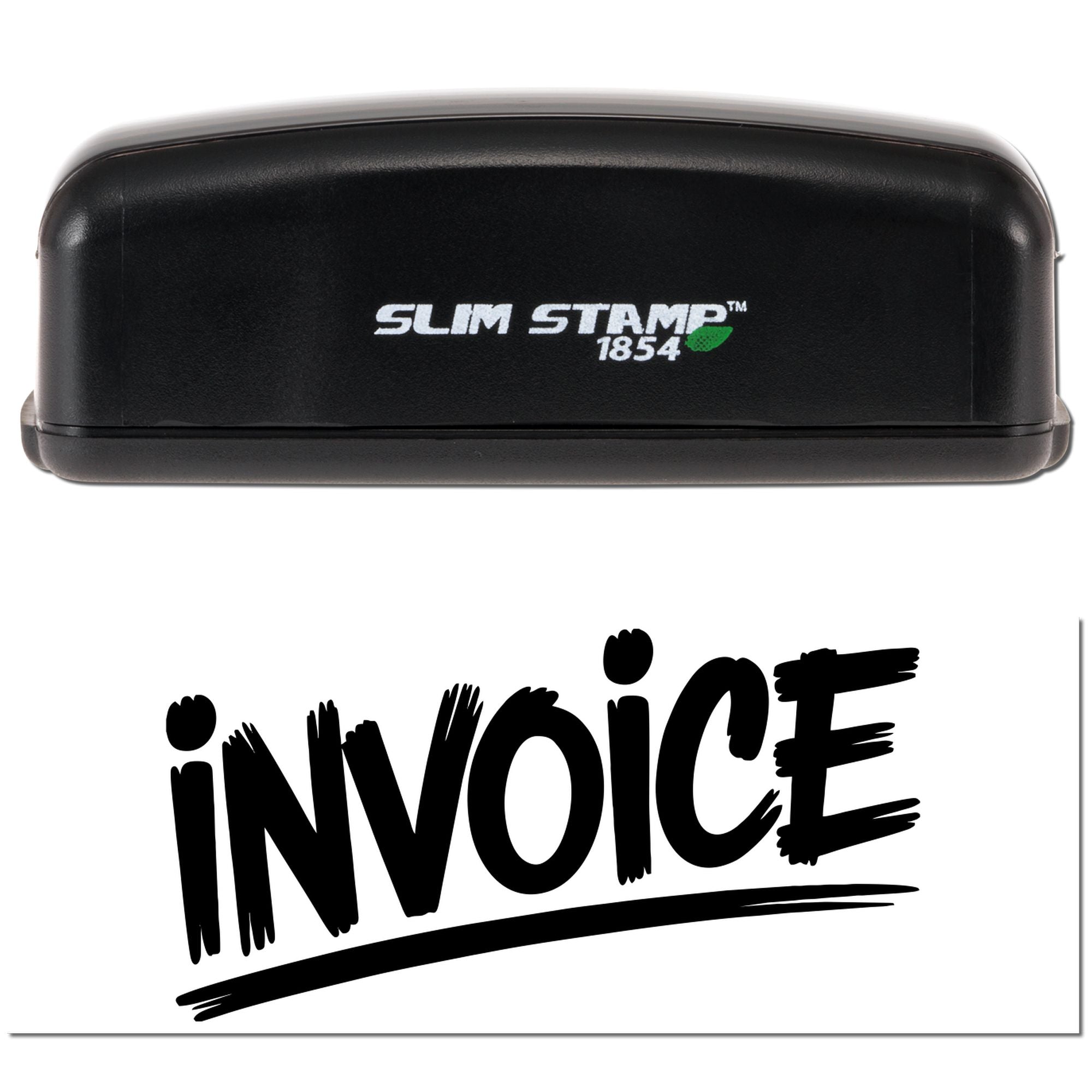 Black Slim Stamp 1854 self-inking invoice stamp with bold black INVOICE impression and green logo.