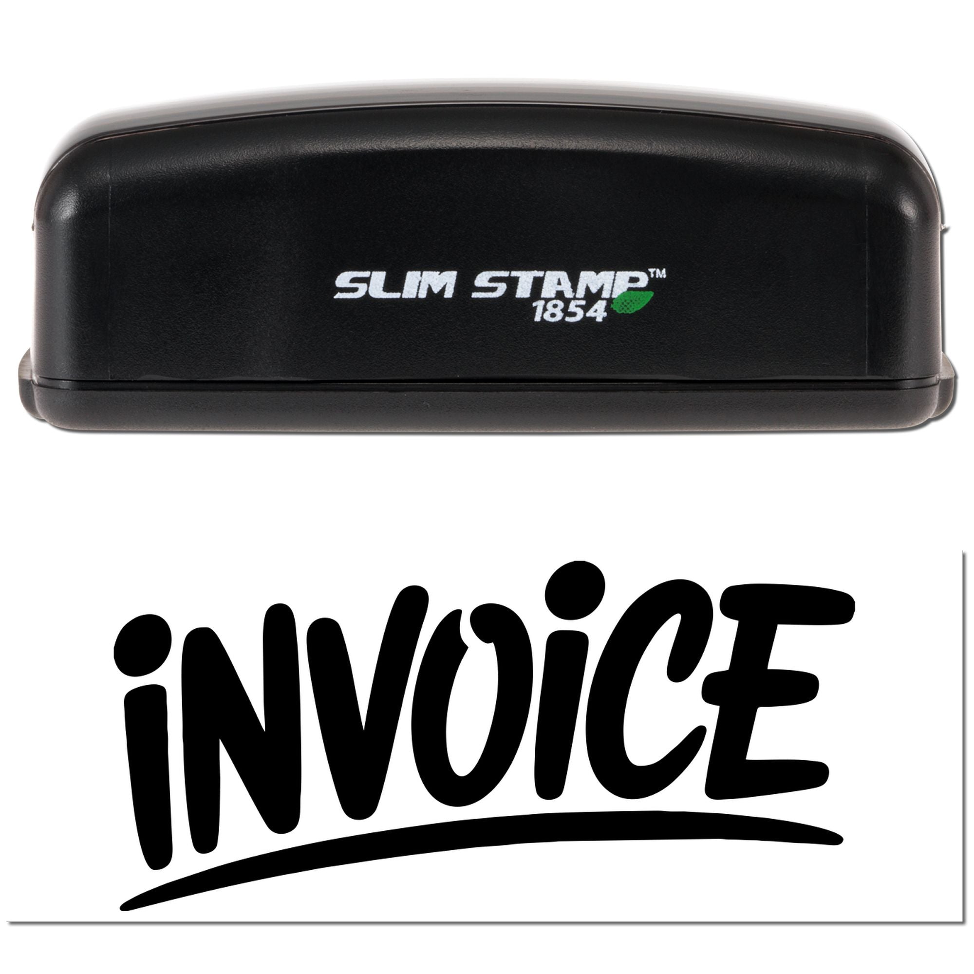 Black Slim Stamp 1854 self-inking stamp with green logo and bold black invoice seal impression on white background.