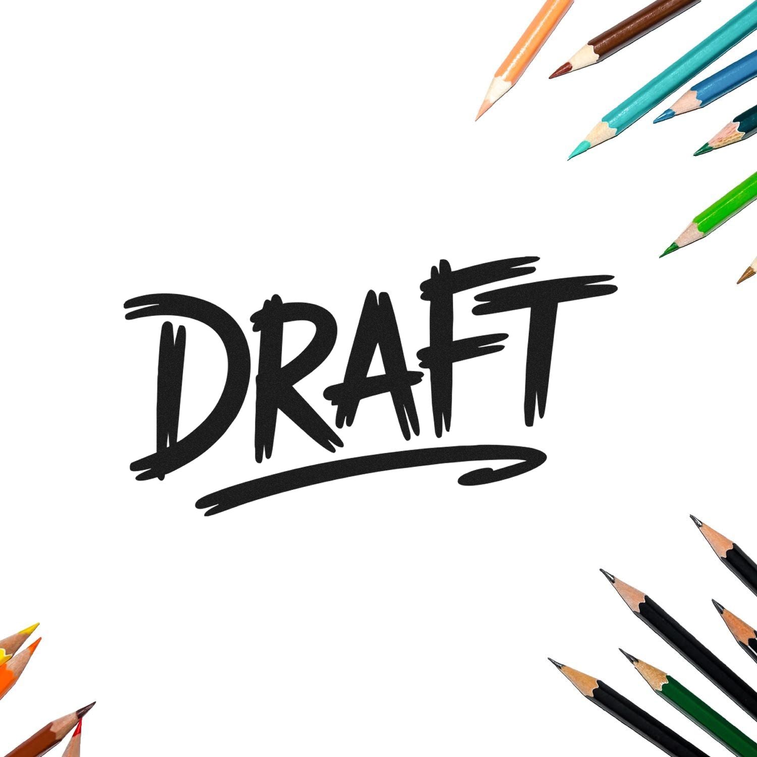 Black DRAFT stamp seal centered on white background, framed by colorful pencils around the edges.