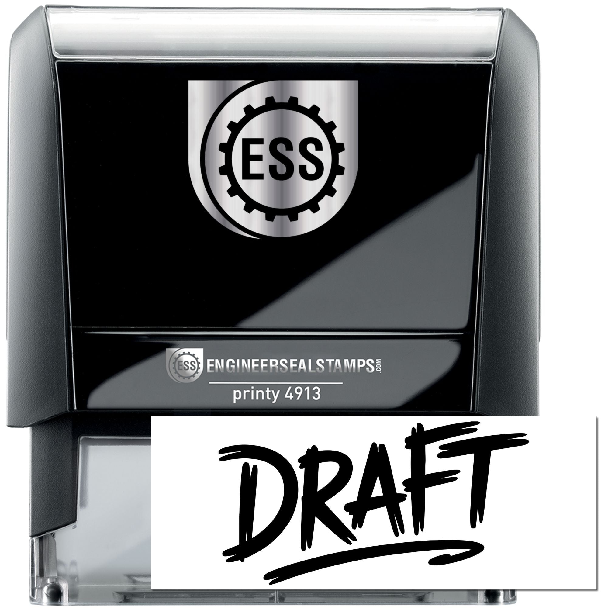 Black and silver self-inking engineer seal stamp with ESS logo and bold DRAFT imprint.