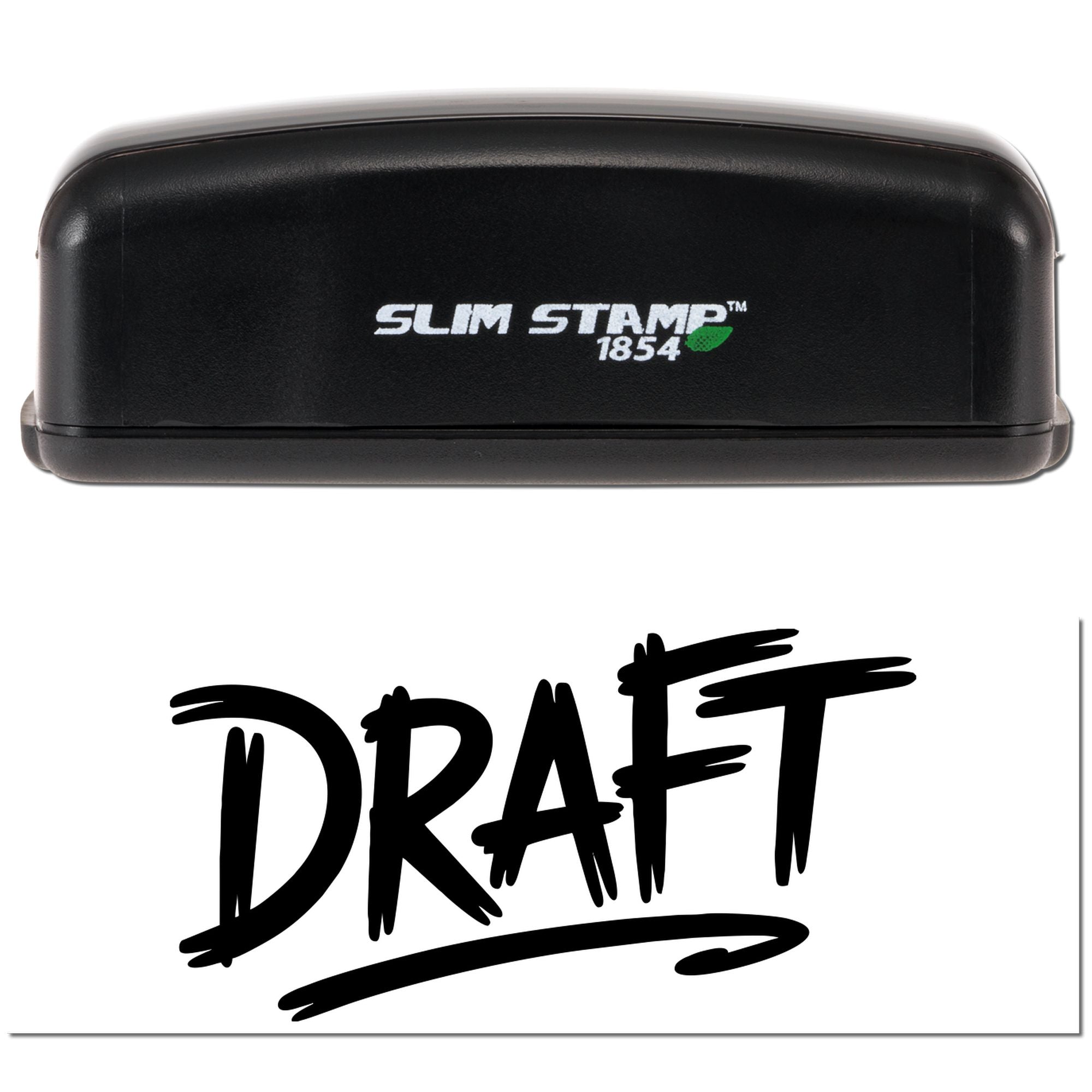 Black Slim Stamp 1854 self-inking stamp with bold black DRAFT seal impression.