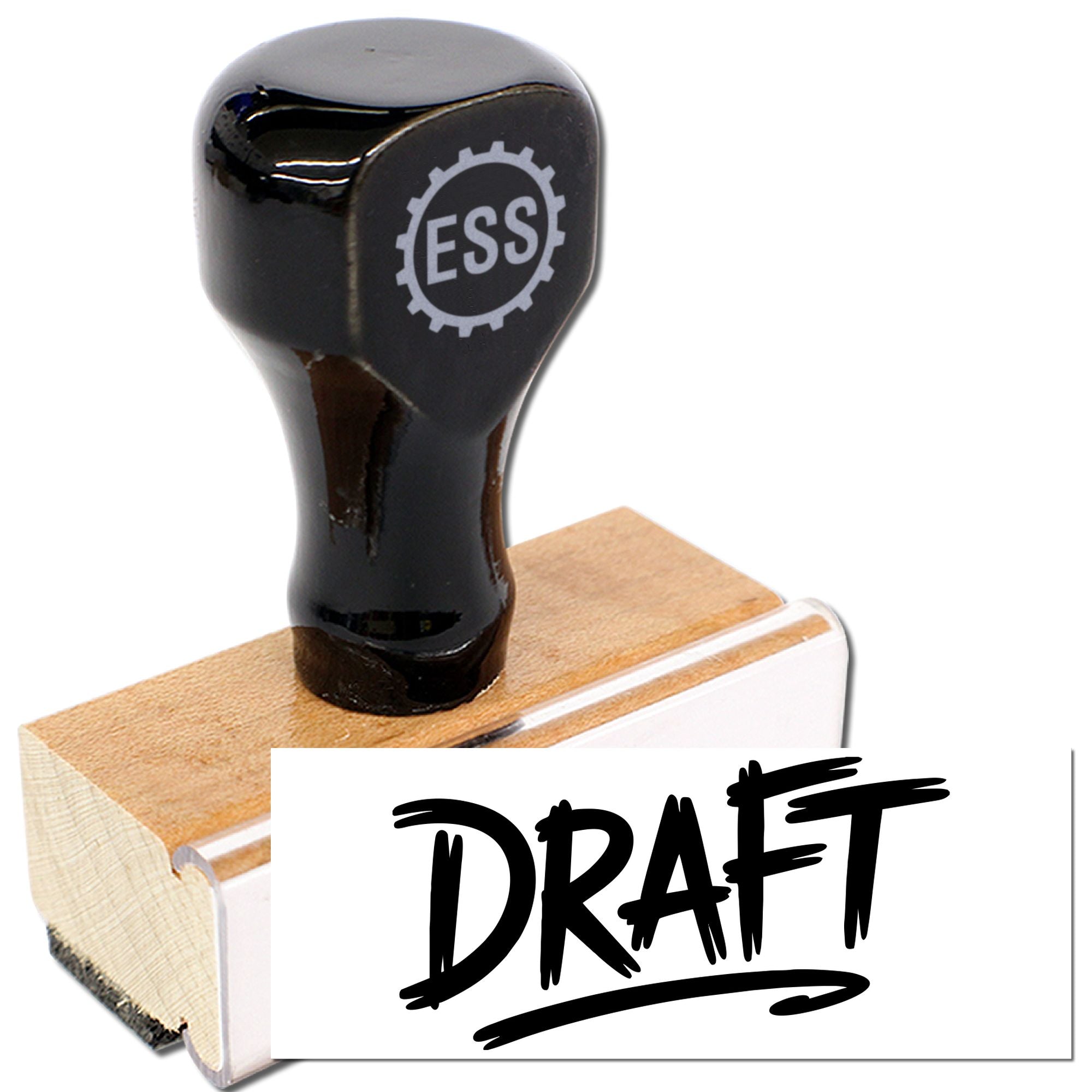 Black stamp seal with wooden handle and DRAFT imprint on white background