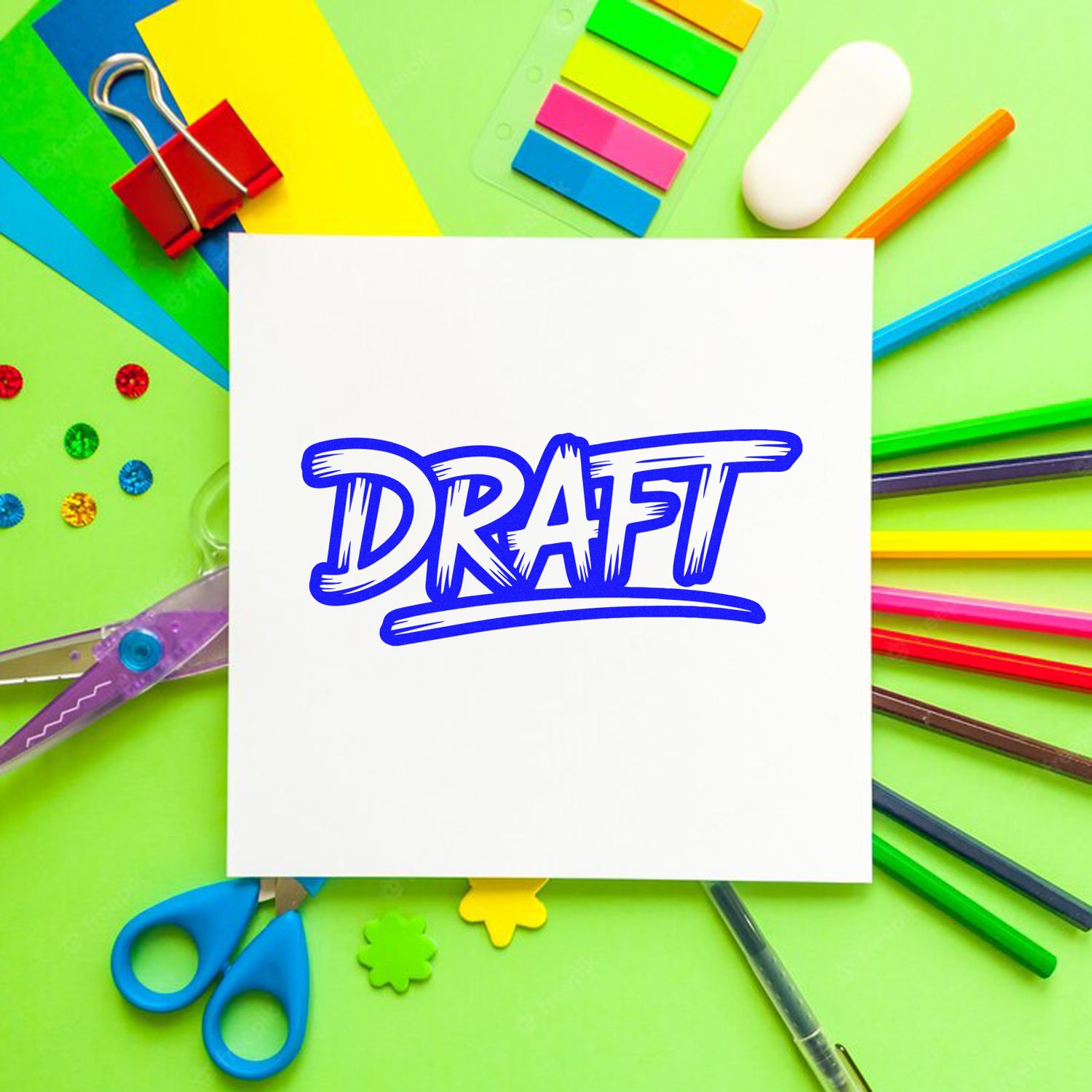 Blue draft stamp seal on white paper, surrounded by colorful stationery on a lime green background.