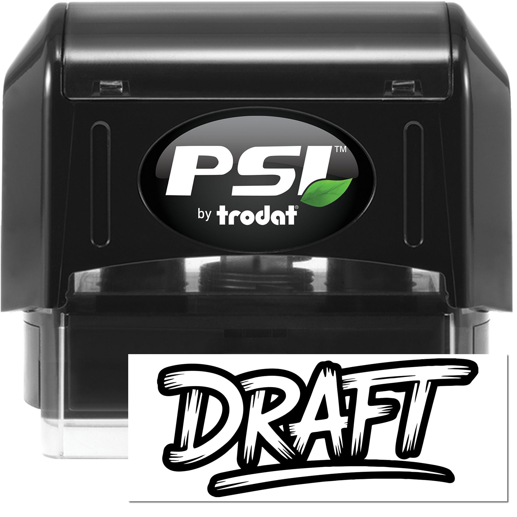 Black PSI by Trodat self-inking stamp with clear case and bold black-and-white draft seal insert
