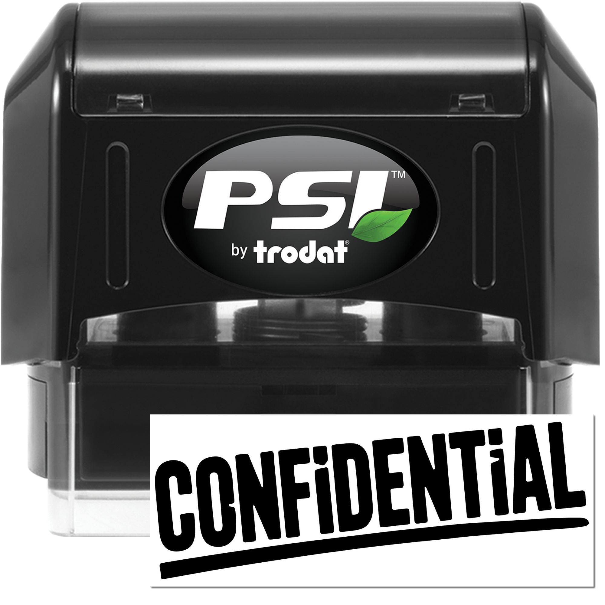 Black PSI by Trodat self-inking confidential stamp and seal with green leaf logo.