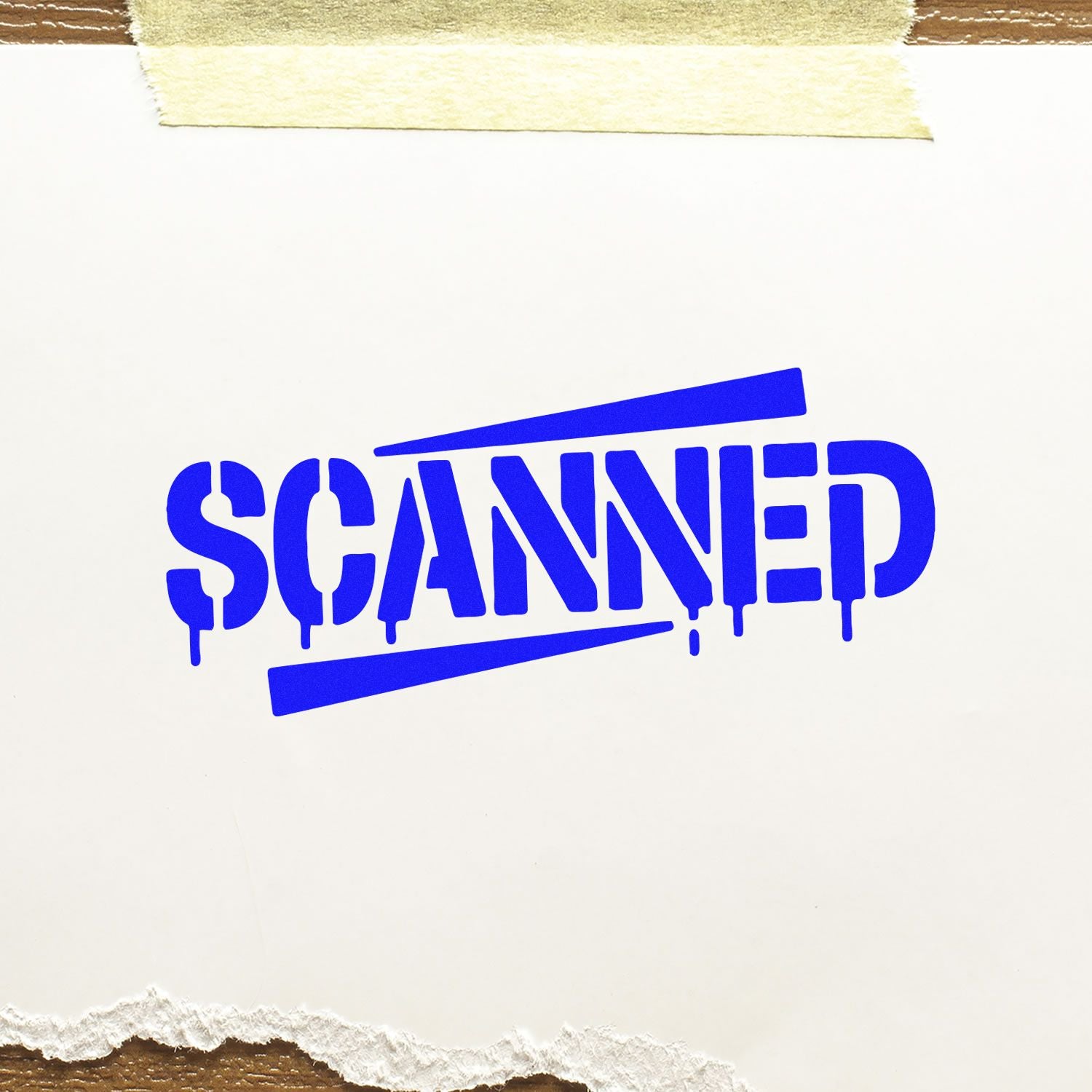 Blue SCANNED rubber stamp seal on white paper, with tape at top and torn bottom edge.