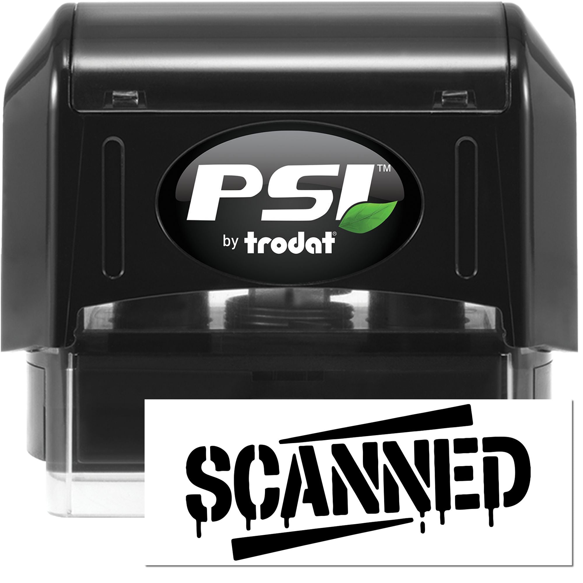 Black PSI by Trodat self-inking stamp with green leaf logo and bold SCANNED imprint on a white background.