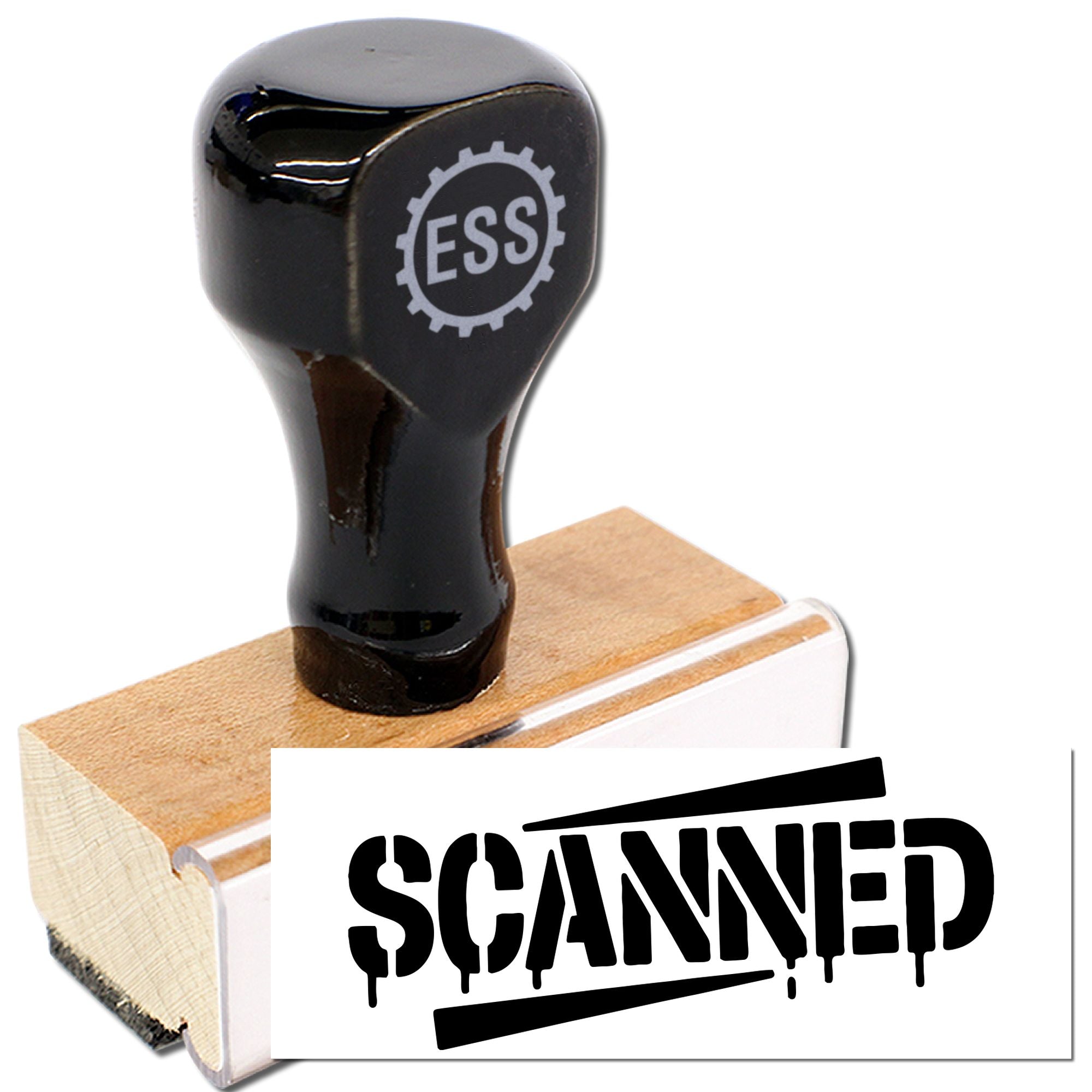 Black rubber stamp and seal with wood base, showing a bold white SCANNED imprint.