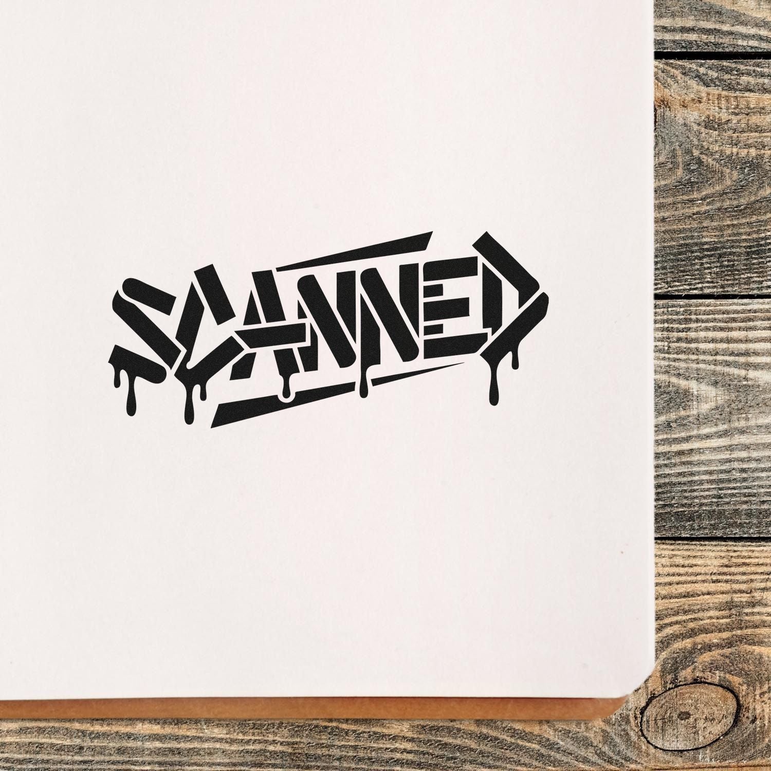 Black dripping SAME? rubber stamp seal on white card, bold graffiti-style lettering over rustic wood.