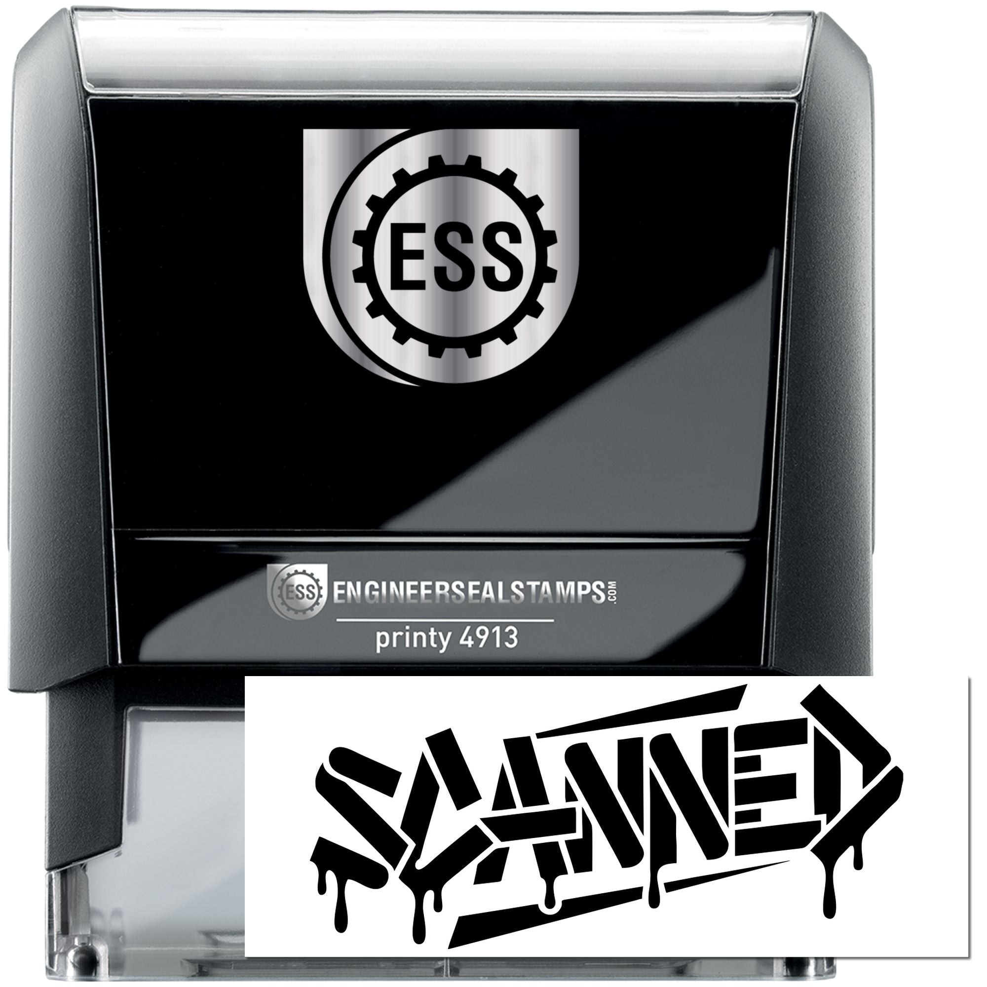 Black self-inking ESS stamp with silver seal and bold dripping SATINET mark on white.