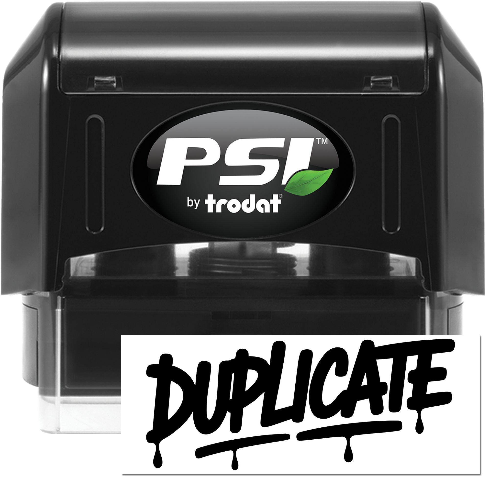 Black PSI by Trodat duplicate stamp and seal with green leaf logo and clear base